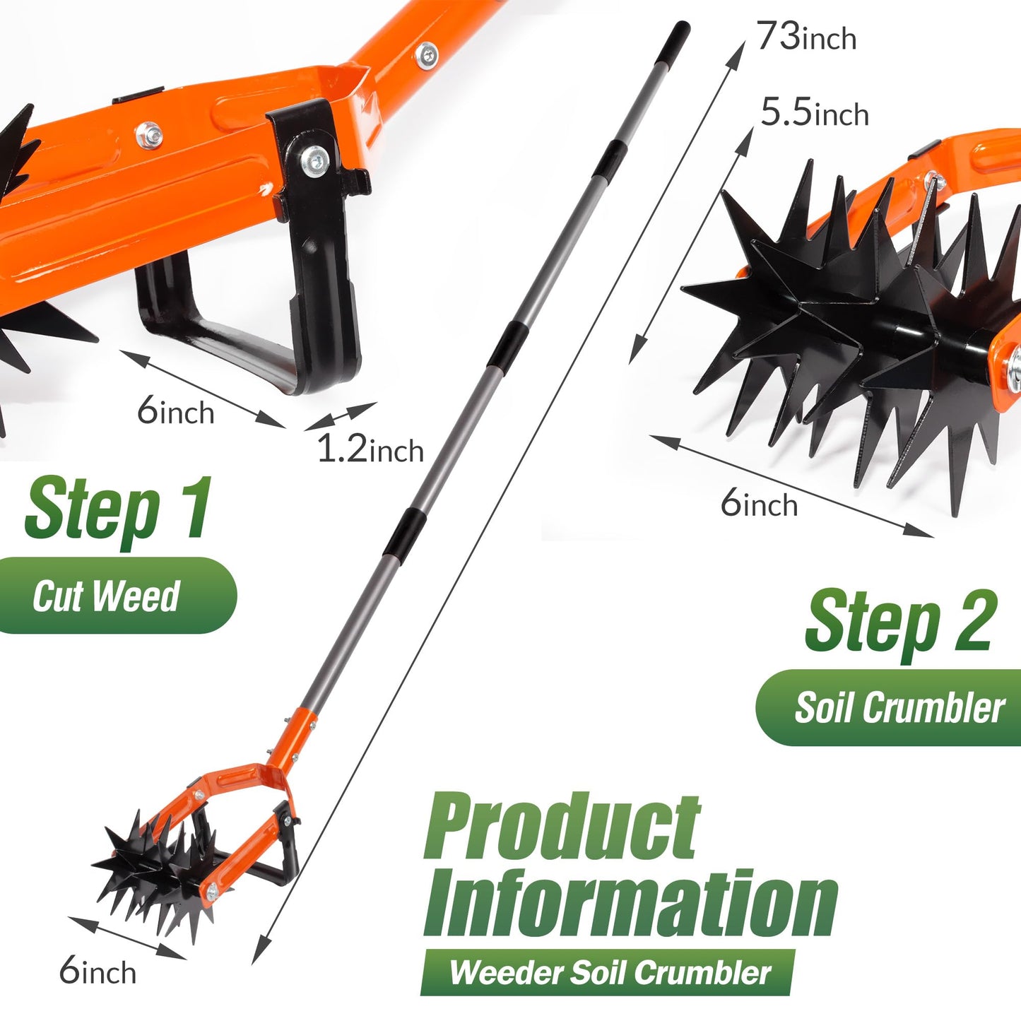 Walensee Rotary Cultivator Tool, Adjustable Garden Hand Tiller with Stainless Steel Pole, 2-in-1 Garden Weeder and Crumbler Soil Cultivator Tool for