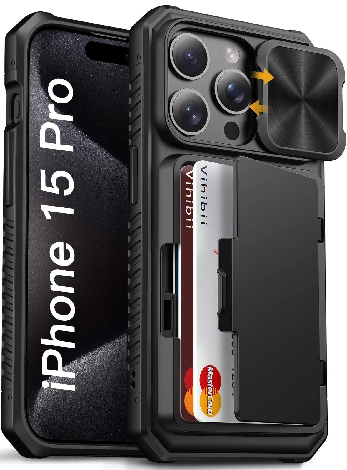 Vihibii for iPhone 15 Pro Case with Card Holder (4 Cards) & Slide Camera Cover & Kickstand, Shockproof Rugged Hard Back & TPU Soft Edge Wallet Phone