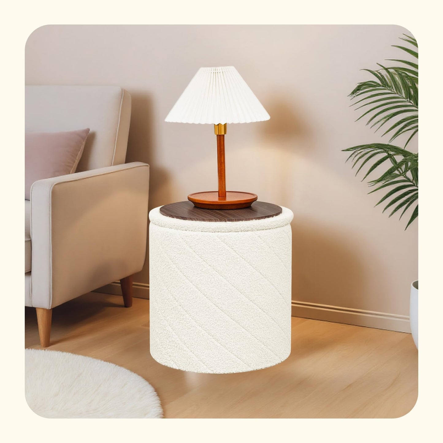 PINPLUS Round Ottoman Storage Box, Folding Stool, White, 43x43x45 cm