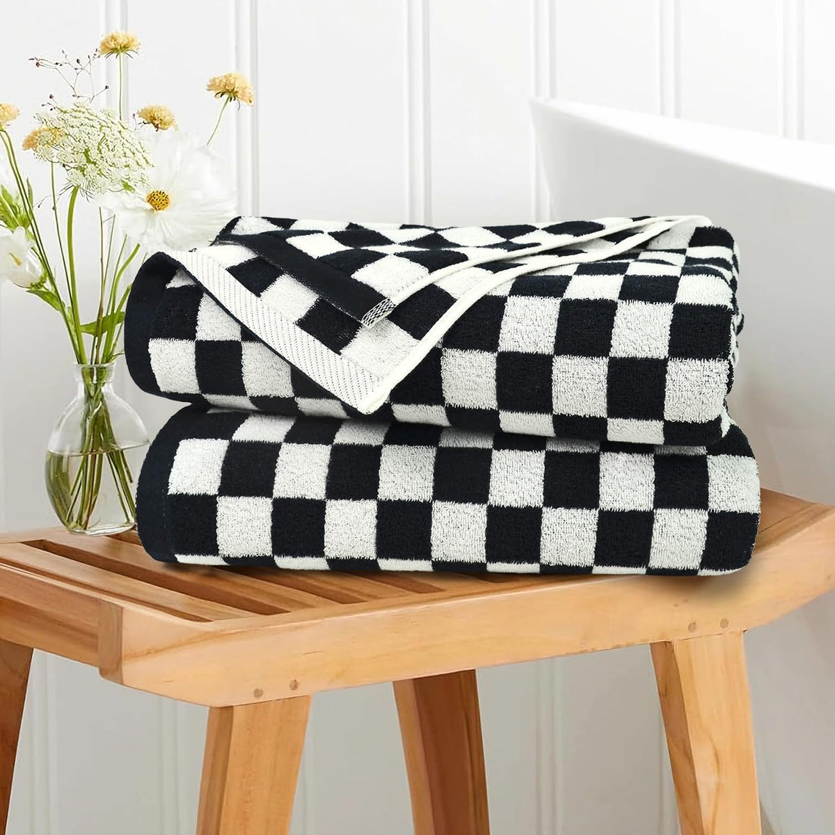 Jacquotha Black and White Checkered Bath Towels Set of 2-100% Cotton 27.5"x55" - Soft, Absorbent, Quick Dry Bath Towels for Bathroom, Pool, Beach, Spa