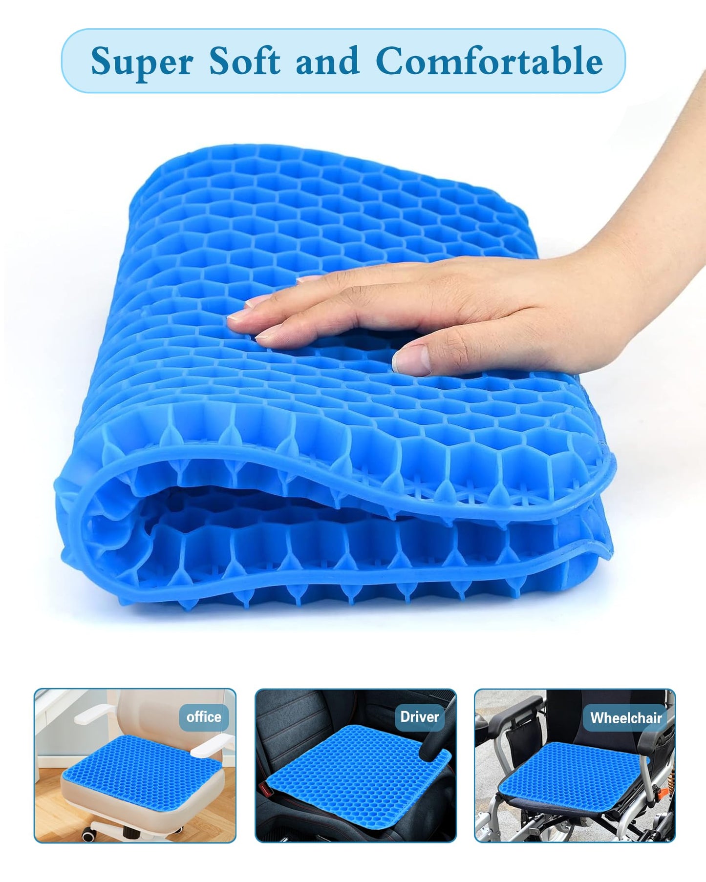 2026 Upgraded Soft Gel Seat Cushion, 42*36*4.5cm Extra Thick Honeycomb Cushion, Cooling Breathable Chair Pad with Washable Non-Slip Cover