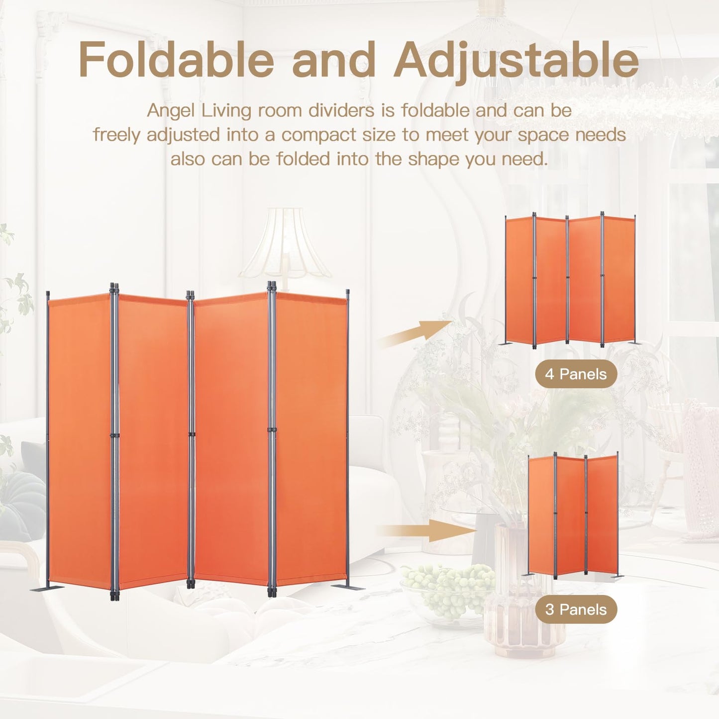 Angel Living 4 Panels Folding Room Divider, Privacy Screen Composed of Polyester Fabric and Sturdy Iron Frame