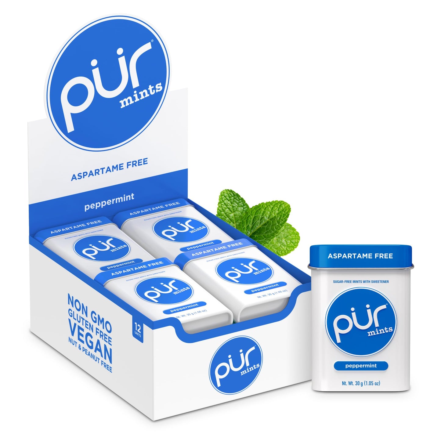 PUR Aspartame Free Mints, Made with Xylitol, Sugar Free, Vegan, Gluten Free and Keto Friendly, Natural Peppermint Flavoured Mints, 30 Pieces, Pack of
