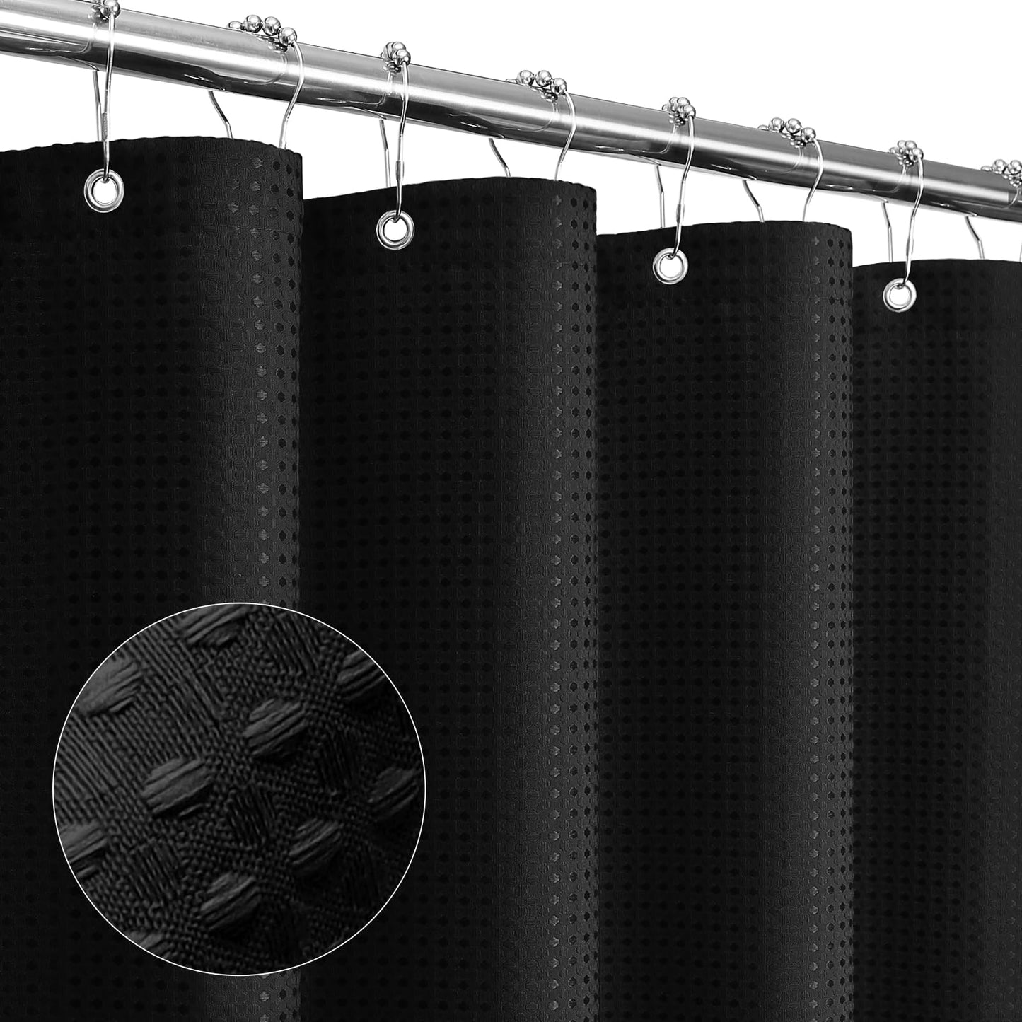 Gibelle Black Shower Curtain, Waffle Weave Textured Fabric Shower Curtain for Bathroom, Soft Cloth & Hotel Spa Luxury, Water Repellent, Machine