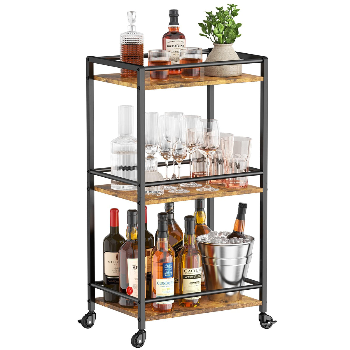 Lifewit Drink Cart, 3-Tier Rolling Bar Cart, Tea Serving Trolley on Lockable Wheels, Kitchen Cocktail Alcohol Trolley for Dining Living Room, 43.2 x