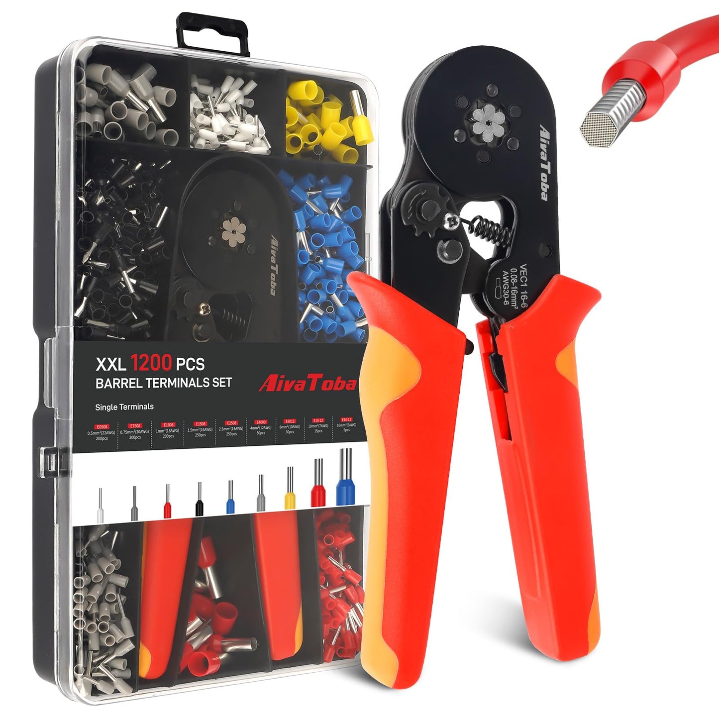 Ferrule Crimping Tool Kit, 0.08-16mm?/AWG30-5 Self Adjustable Wire Crimper with 1250pcs Connectors for Household & Industrial Electrical Work (6 Side)