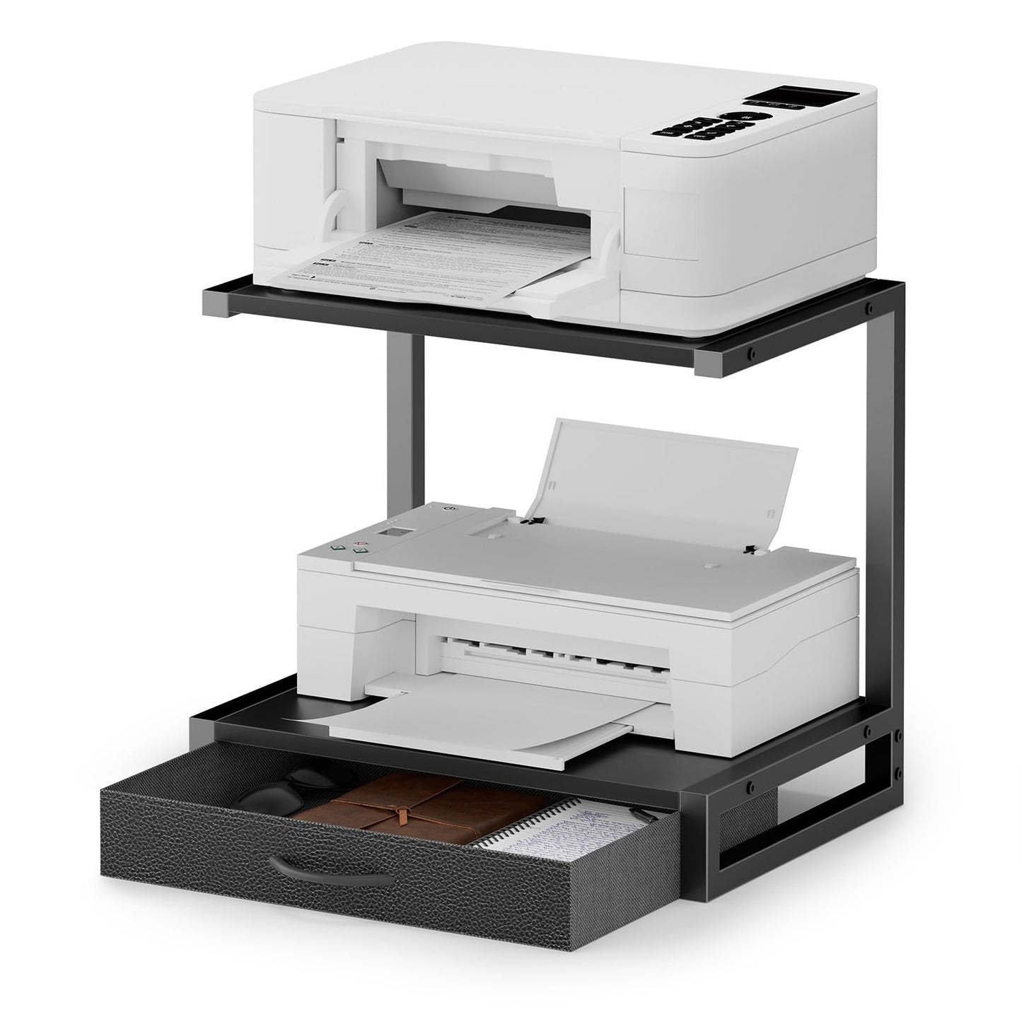 OYRREU 2-Tier Desktop Printer Stand with Fabric Drawer for Storage, Black