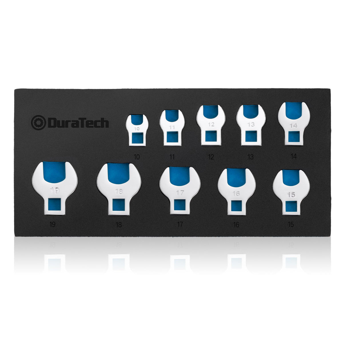 DURATECH 10 Piece 3/8" Drive Crowfoot Spanner Set, Open End Crowfoot Wrench Set, Metric Sizes 10-19mm, Cr-V Steel, with EVA Foam Tool Organizer