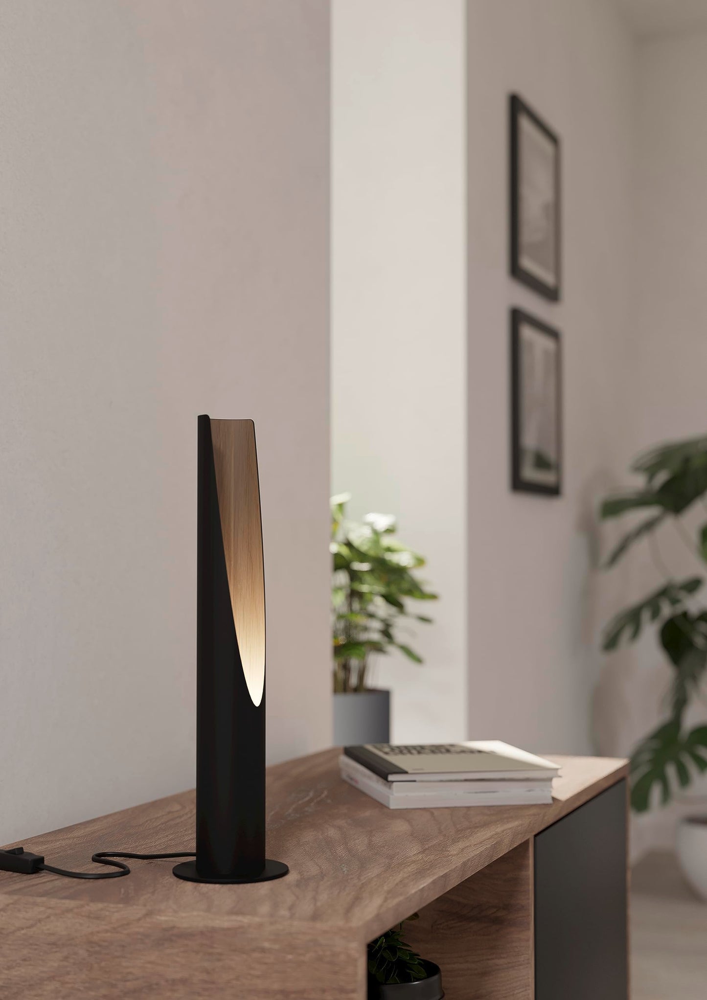 Eglo Table lamp Barbotto, Bedside lamp with indirect Light, Living Room Lighting Made of Black Metal and Wood in Oak, incl. GU10 Bulb, 40 cm, FSC