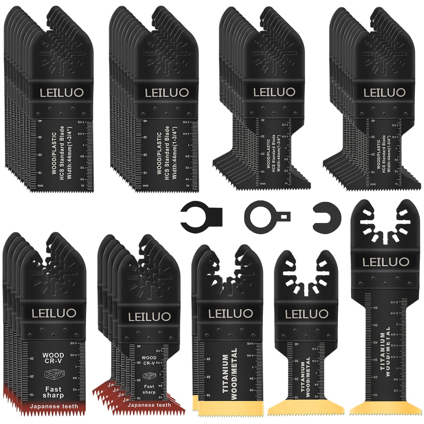 LEILUO 50 Pcs Titanium Multitool Blades Kits for Wood Nails Drywall Cutting Universal Oscillating Tool Accessories with Storage Bag Compatible with