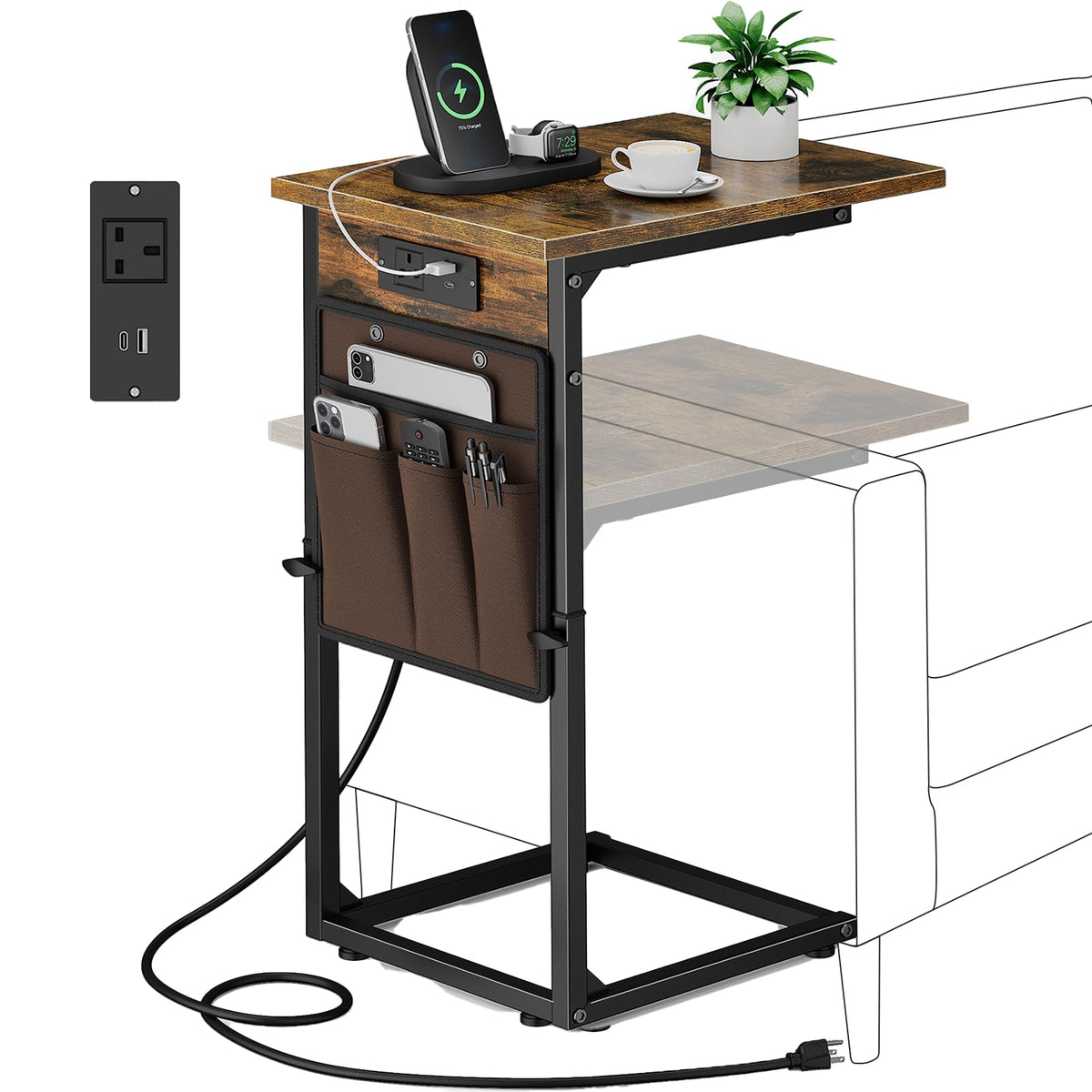 Vagusicc C-Shaped Side Table with Charging Station, Height Adjustable Sofa Side Table, Bedside Table, End Table for Small Spaces