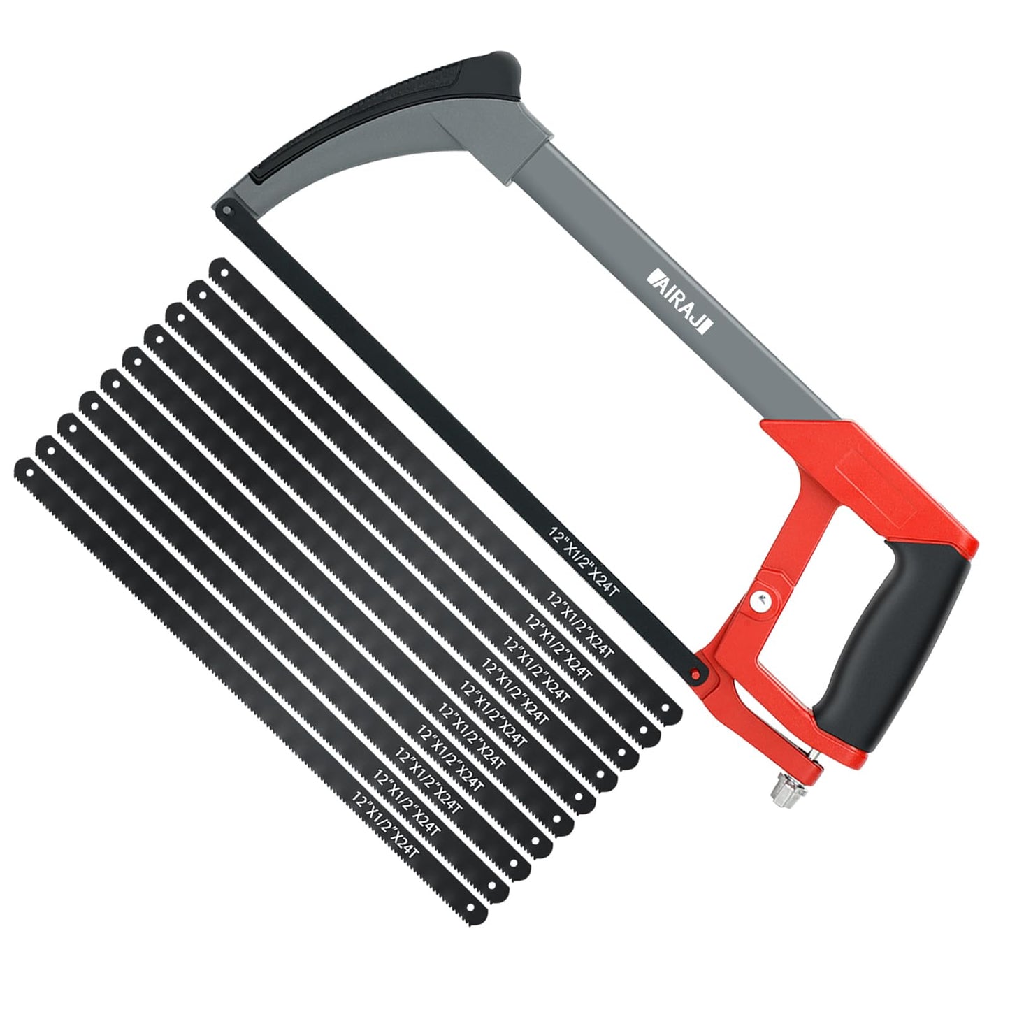 AIRAJ Hacksaw - Heavy Duty Hacksaw for Metal Cutting - Two Sawing Angles 45?/90? - with 10 Spare Blades - Metal Hack Saw for Wood, Plastics, Rubber