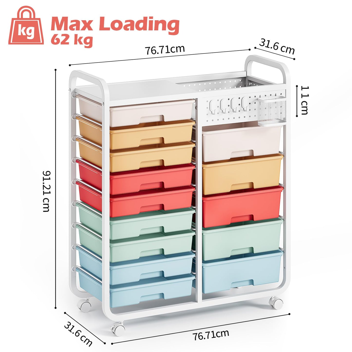 Rolling Storage Cart with 14 Drawers, Storage Organizer Cart with Tabletop and Pegboard,Utility Cart for Living Room, Classroom
