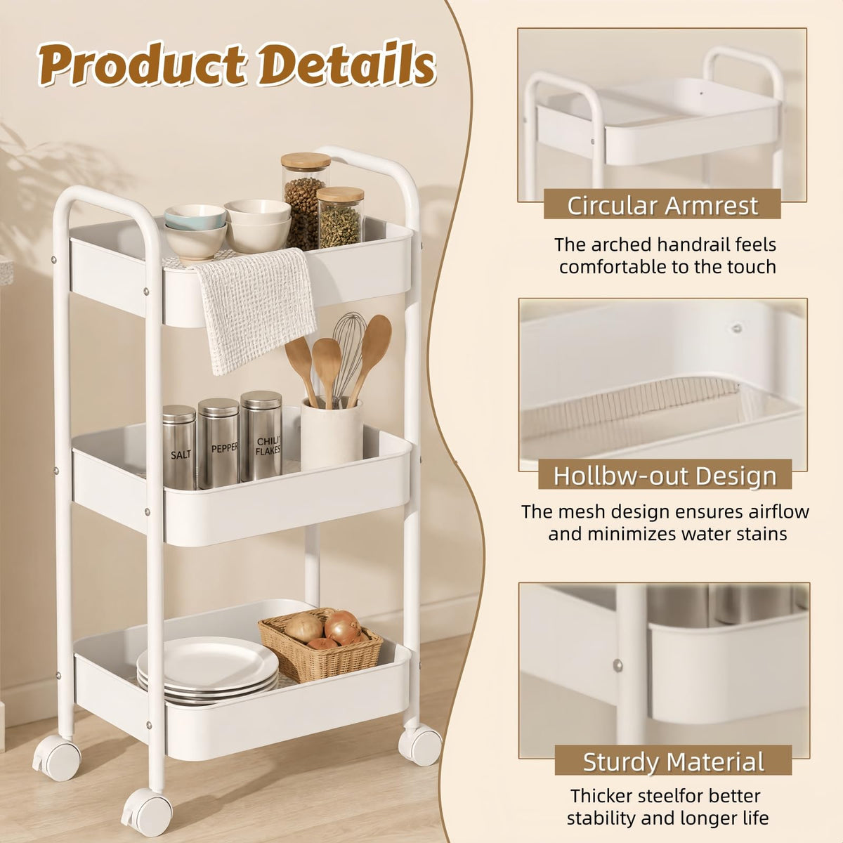 Siocok 3 Tier Metal Storage Trolley on Wheels, Storage Cart, Rolling Utility Cart, Easy Assembly for Home Kitchen, Bathroom Laundry and Office
