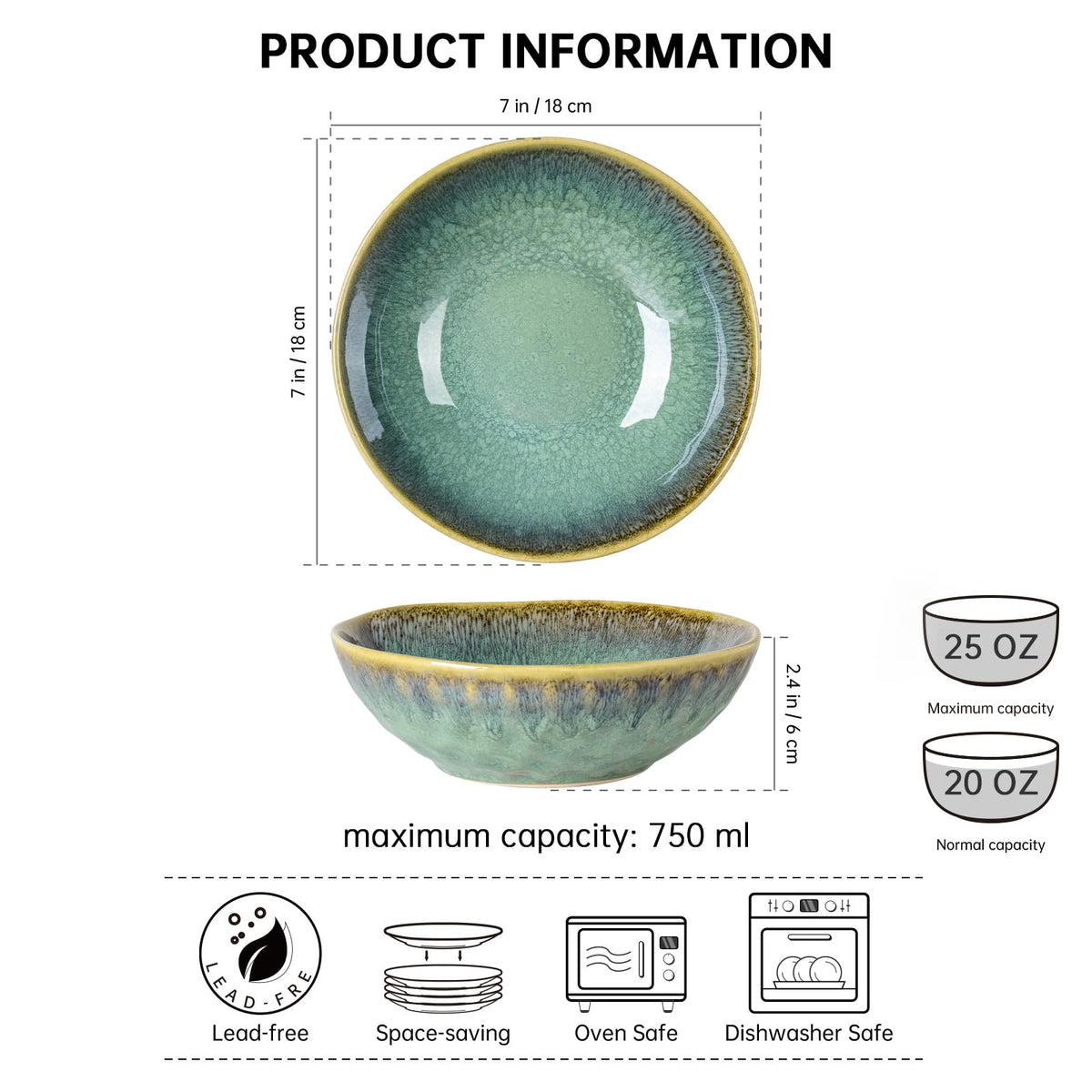 Bowls Set of 4 Bowls - 25 Oz, Cereal Bowls Stoneware Set/Soup Bowls Ceramic Bowls Ramen Retro Green - 750ml