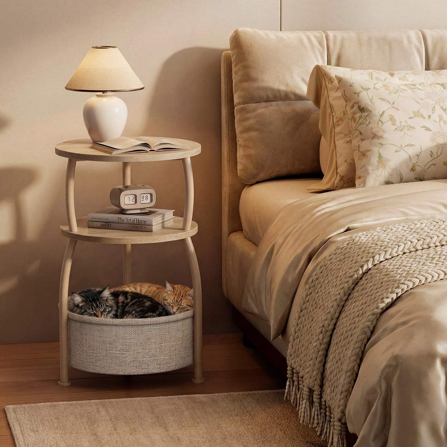Yuede Side Table with Fabric Basket, Round End Table, 3 Tier Bedside Table, Coffee Table for Living Room, Bed Room, Modern, 40 x 61 cm, Ork Gray