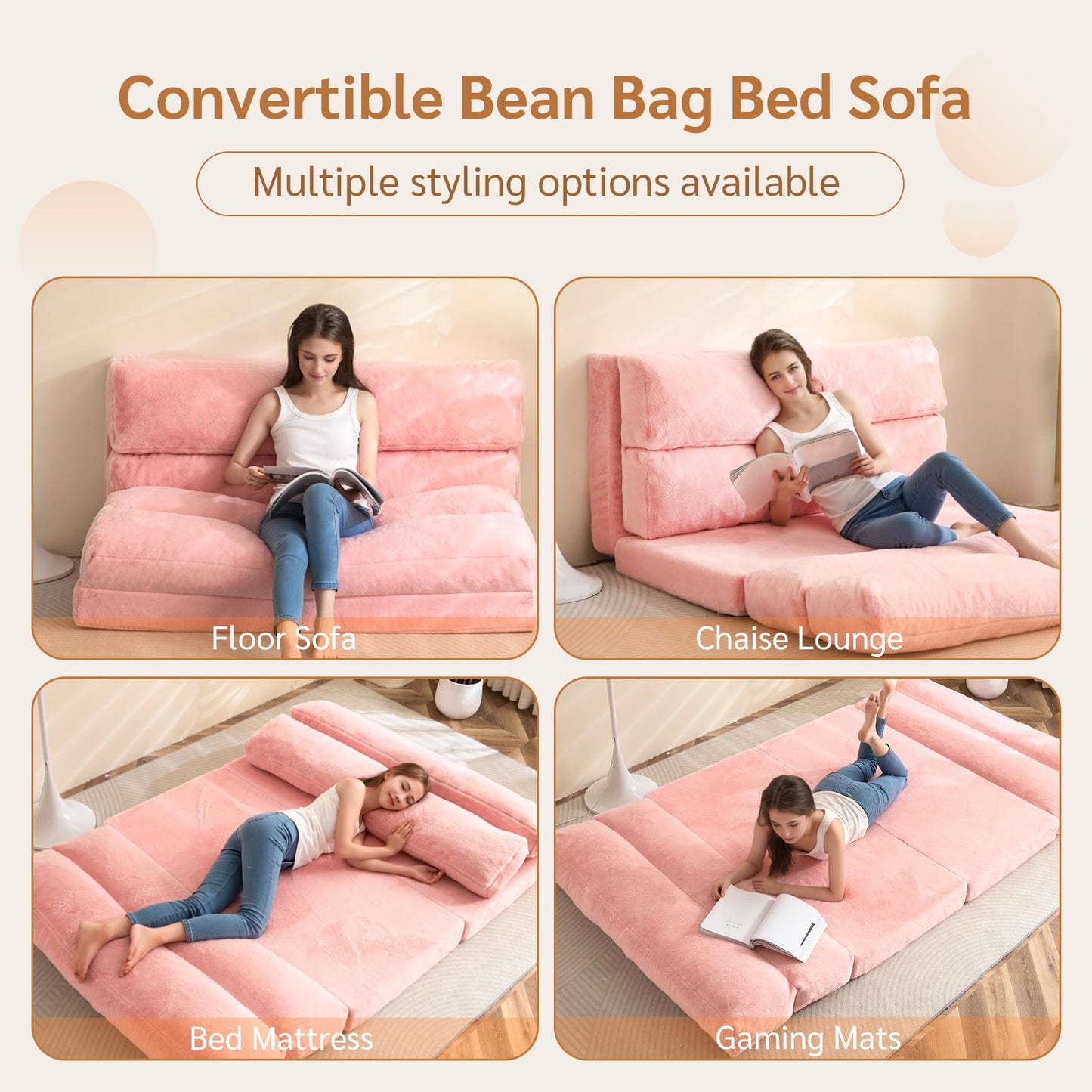 MAXYOYO Bean Bag Bed Folding Sofa Bed Mattress for Adults, Extra Thick 6 Fold Floor Couch for Bedroom Living Room, Pink, 100x240 cm