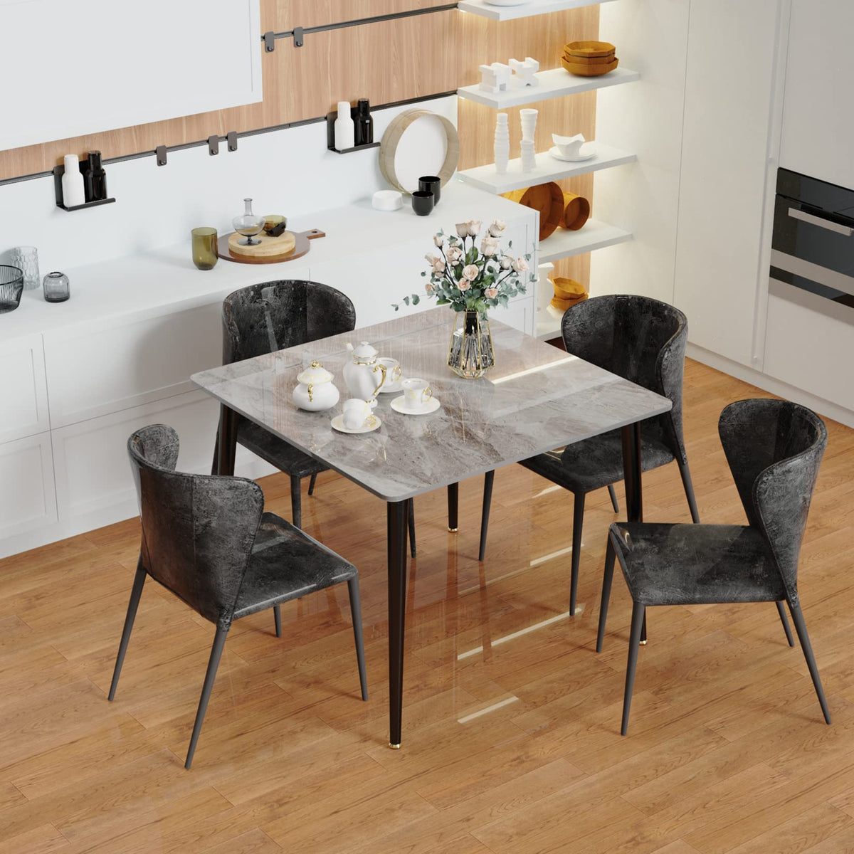 Kitchen Dining Table Marble Tabletop : Square 80cm Modern Sintered Stone Grey Pattern Marble Top Dinner Tables 4 Seater with Tapered Metal Legs Dining