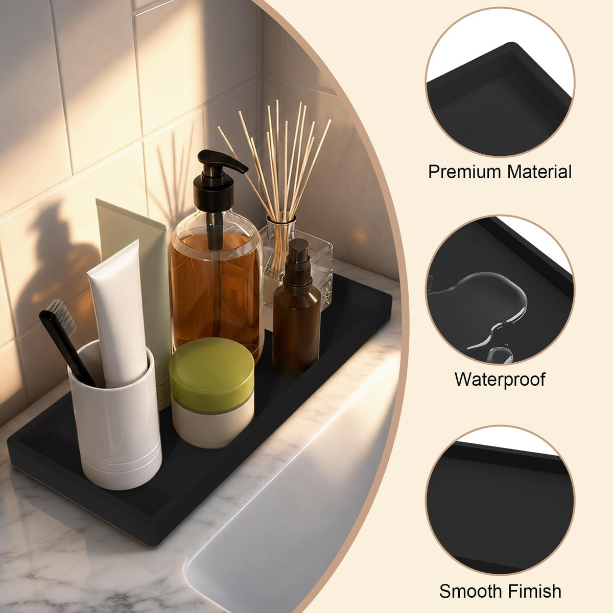 2pcs Bathroom Vanity Tray 20x10cm, Rectangular Soap Dispenser, Silicone Kitchen Sink Storage, Bathroom Countertop Tray Non-Slip and Easy to Clean