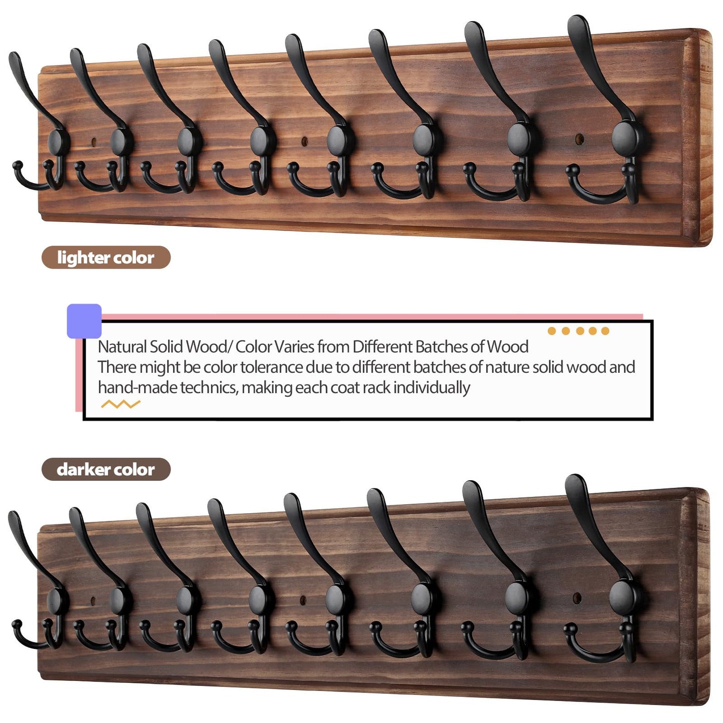 PHINGEER Wall Mounted Coat Hooks, Wooden Heavy Duty Coat Rack for Wall,8 Triple Coat Hanger Hooks for Hanging Coats,Jacket,Hat,Clothes,Brown (Brown, 8