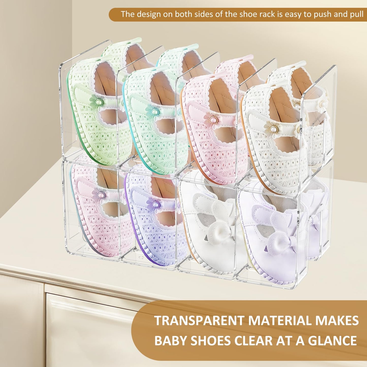 4 Pack Clear Acrylic Kids Shoe Rack for Closet Organizer 4 Sections Toddler Baby Shoe Storage Stackable Shoes Shelf Handbag Storage Desk File Sorter