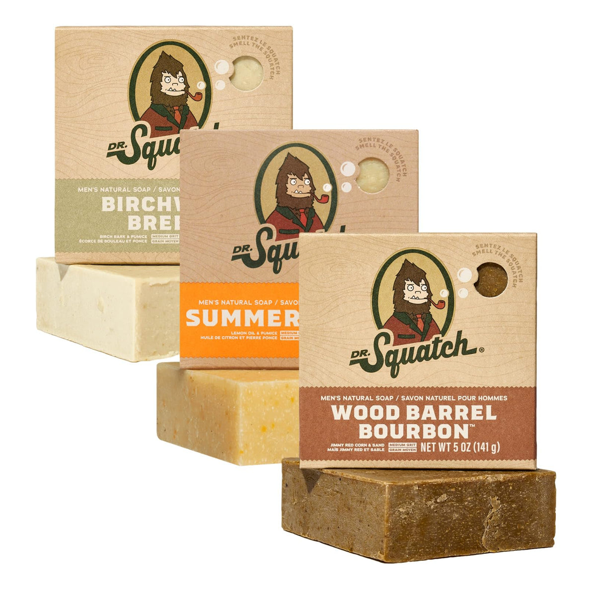Dr. Squatch Men's Natural Bar Soap Made from Natural Oils - 3 Pack - Cold Process Soap with No Harsh Chemicals - Birchwood Breeze, Summer Citrus, Wood