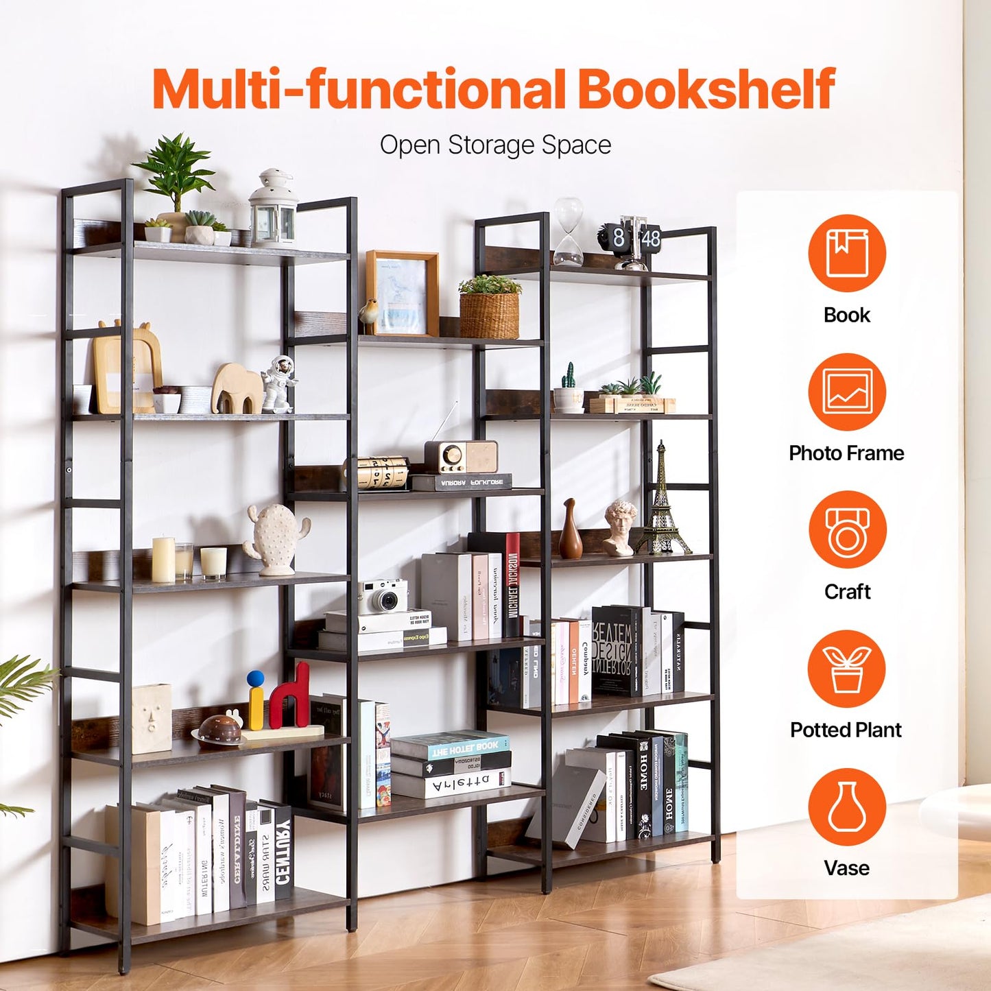 VEVOR Triple Metal Bookshelf, 14-Tier Industrial Bookshelf, Large Rustic Vintage Storage Bookcase with Open Shelves