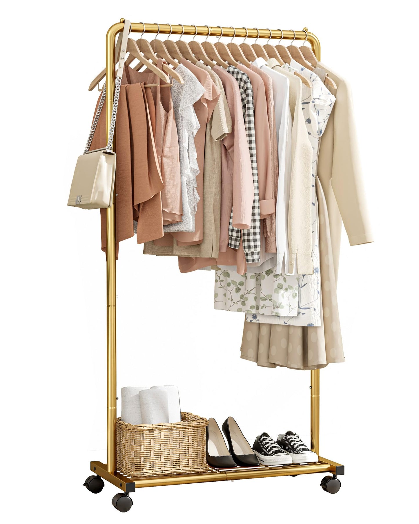 Sakugi Clothes Rail - Movable Clothes Rack with Bottom Shoes Shelf, Heavy-Duty Clothing Rail for Hanging Clothes, Coats, Dresses, Clothes Rail for