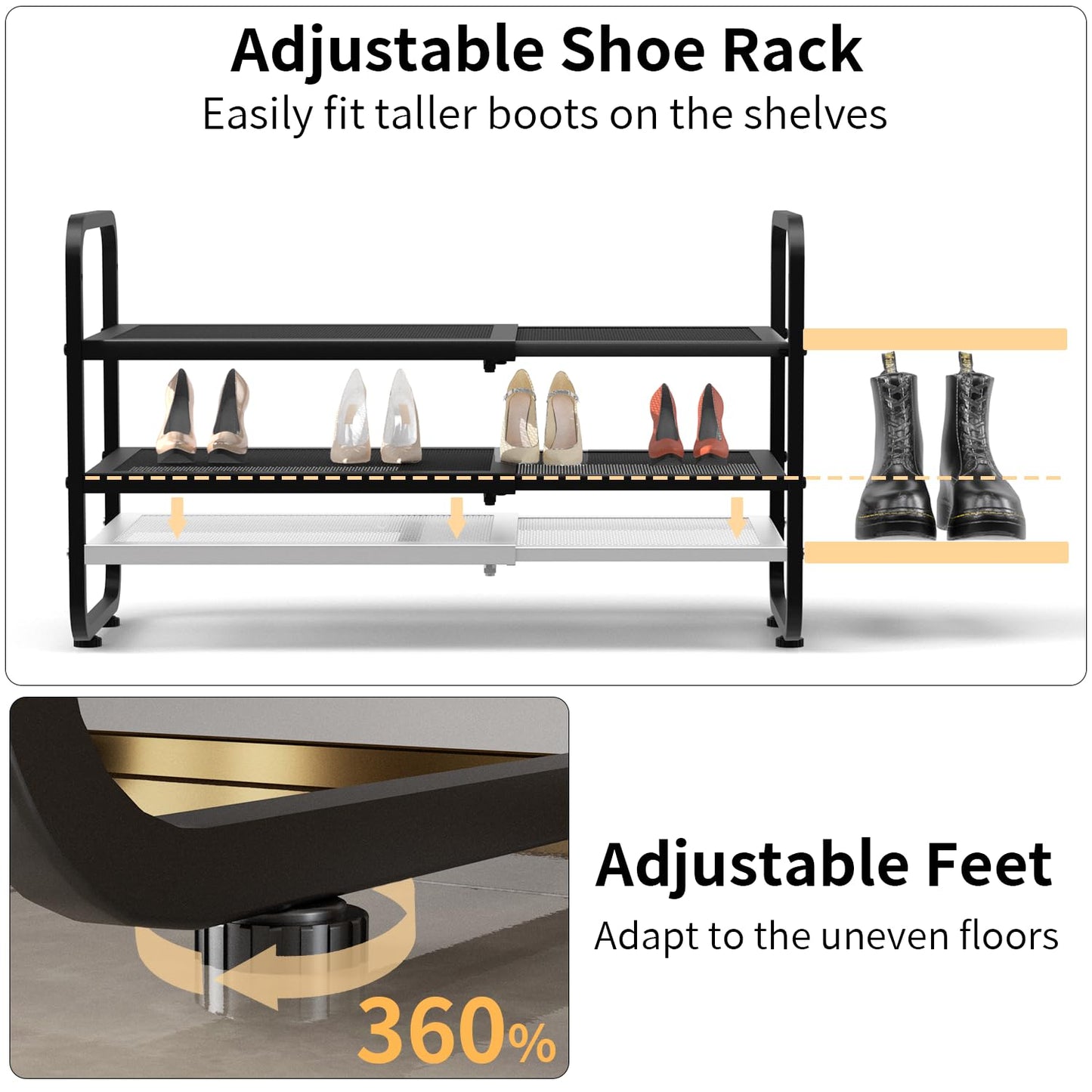 ULYVU Expandable Metal Shoe Rack 2 Tier, Height Adjustable & Stackable | Shoe Storage for Hallway, Garage, Wardrobe - Black