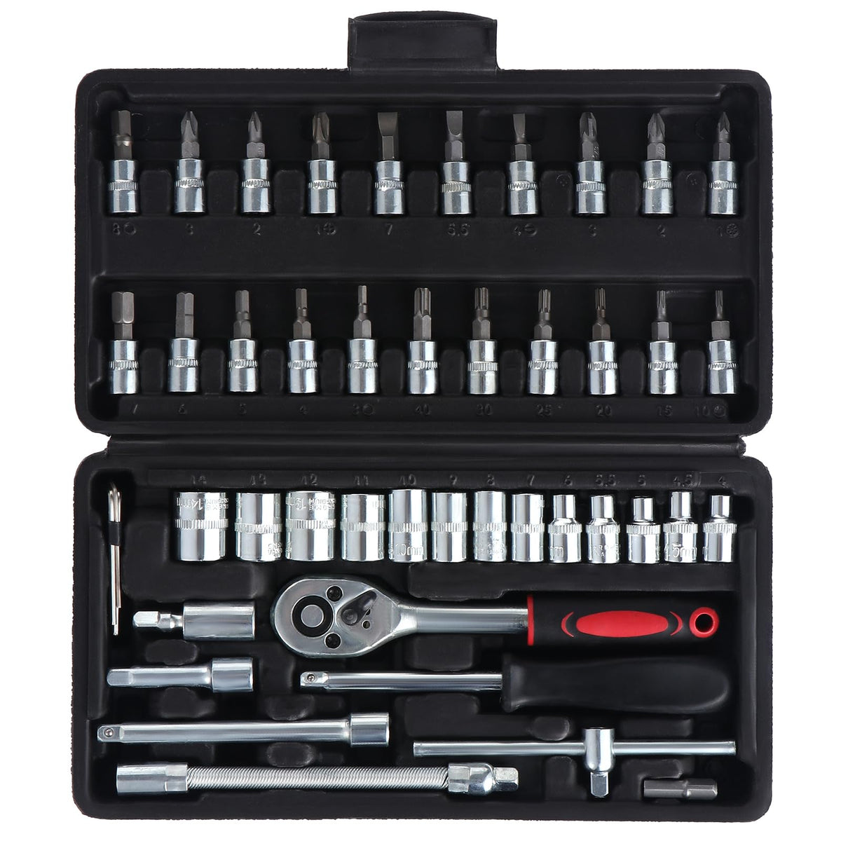 WiMas 46PCS Socket Wrench Set, Ratchet Socket Set, Metric Drive Socket Wrench Ratchet Tools Kit, Screwdriver Bits Auto Vehicle Repair Tool 1/4 Inch