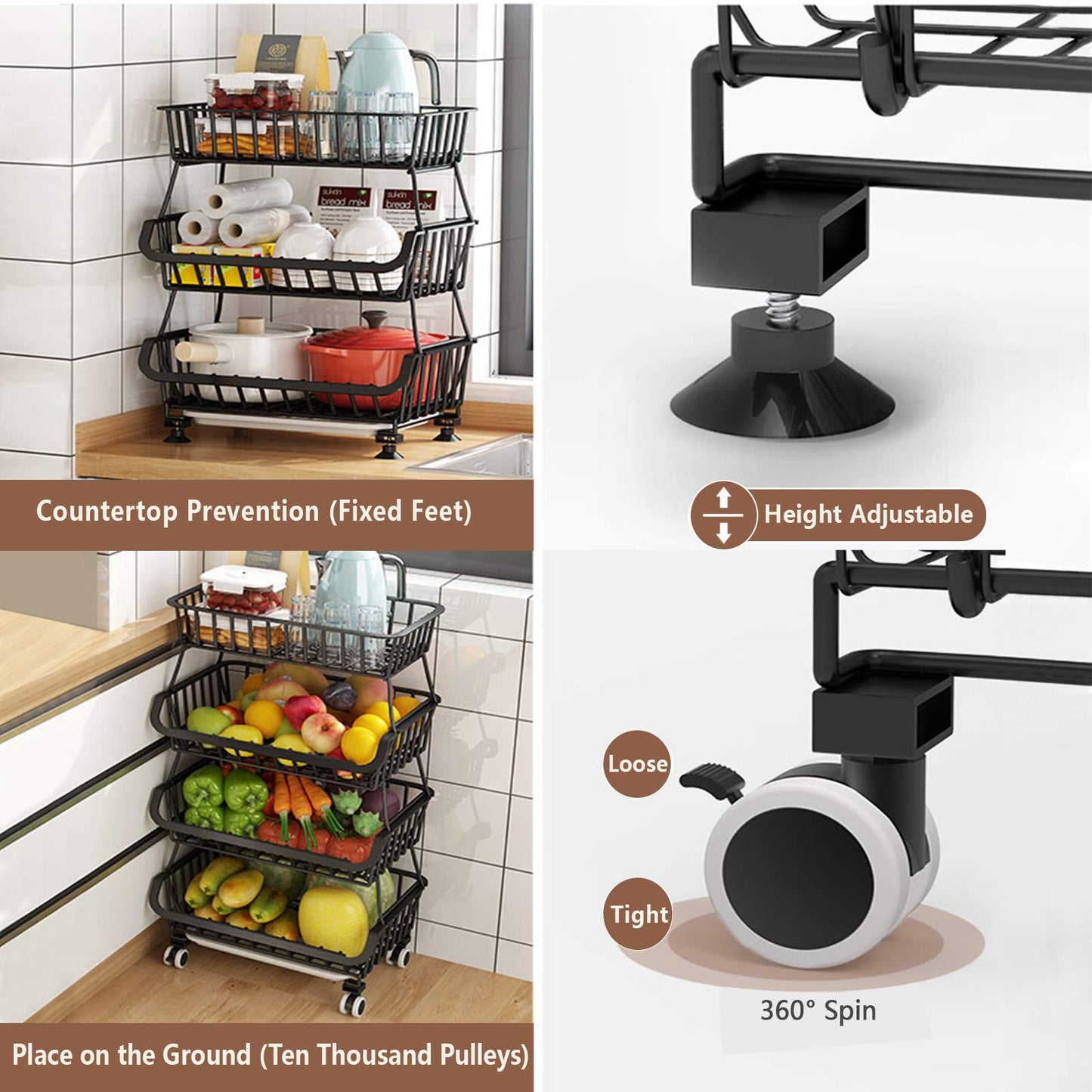 BRIAN & DANY 4 Tier Vegetable Storage Rack, Stackable Fruit Vegetable Stand with Lockable Casters and 5 S-Hooks for Kitchen, Pantry, Bathroom, Garage