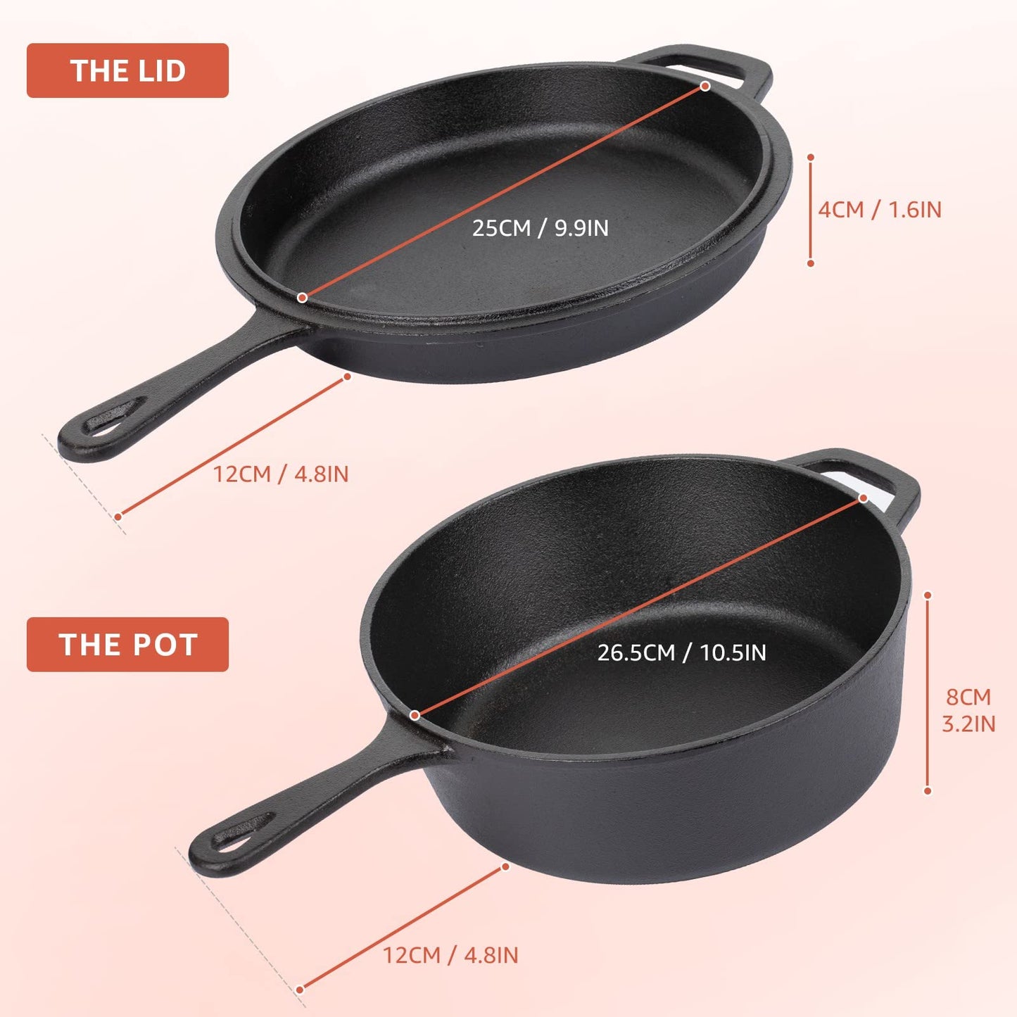 Overmont Pre-Seasoned 3L/3.2 quart Cast Iron Combo Cooker with Lid,2 in 1 with Cookbook Recipe,3L Dutch Oven, 1.4L Skillet, Grill Griddle Works on
