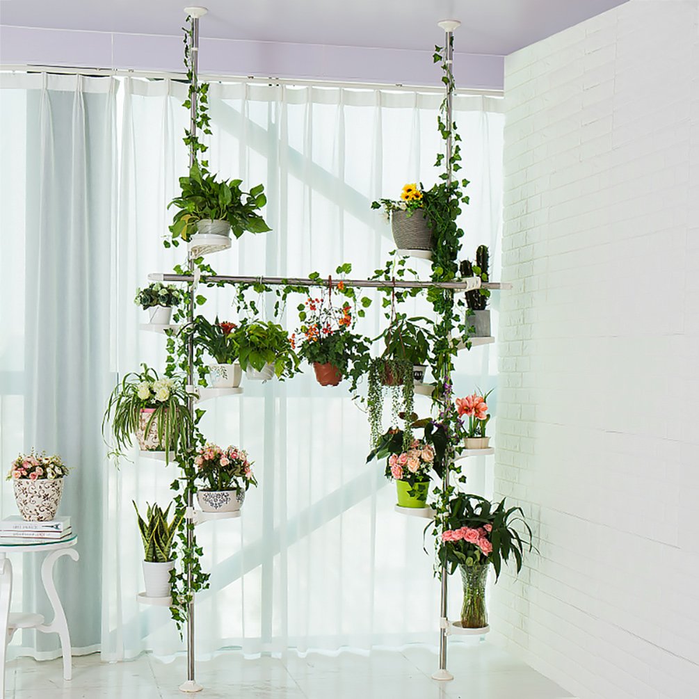 BAOYOUNI Indoor Plant Stands Spring Double Tension Pole Metal Flower Display Rack Space Saver Corner Floral Pot Storage Shelf with 12 Trays, 2 Hooks &
