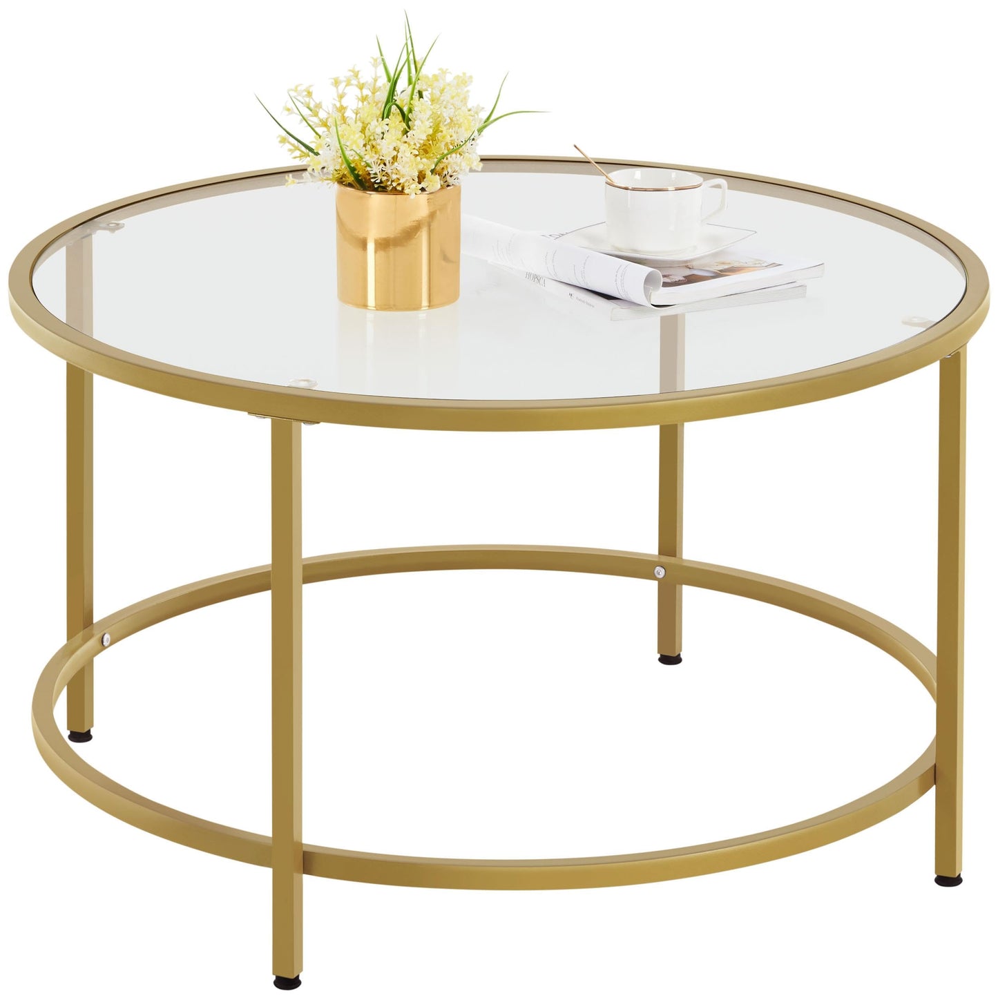 Yaheetech Round Coffee Table Tempered Glass Metal Structure Mustard Gold