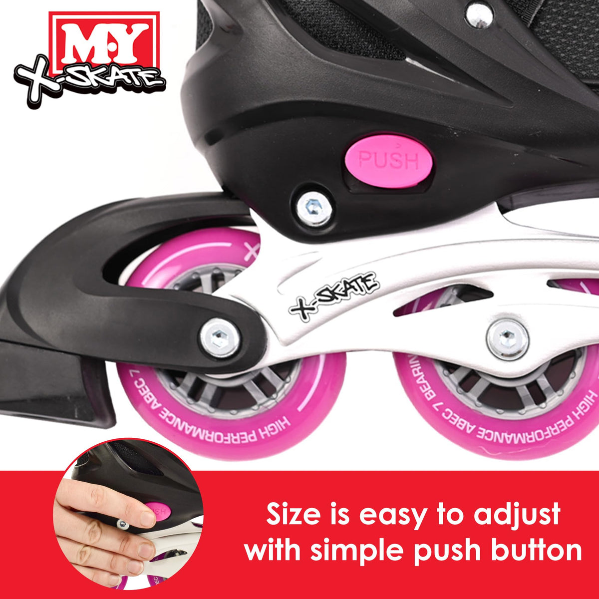 M.Y X-Skate Adjustable Pink Inline Roller Skates with Built In Adjusters Kids Roller Boots for Boys & Girls - Medium