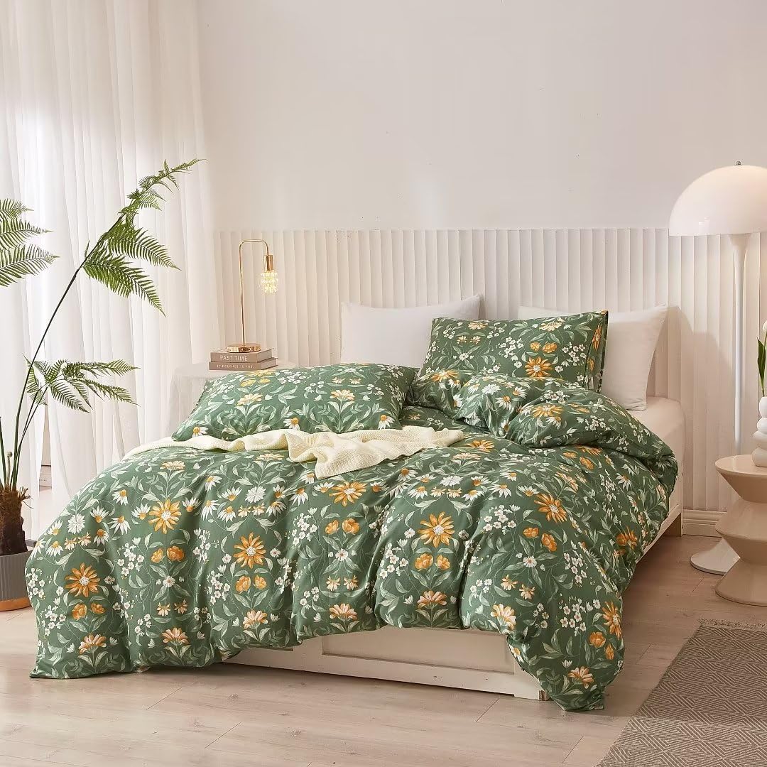 Ruccit Green Floral Duvet Cover Set Double 100% Cotton Duvet Cover Double Bed 3pcs Garden Yellow White Flowers Bedding Set with Zipper Closure Corner