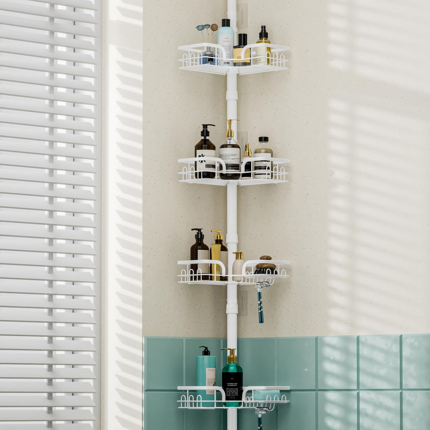 HapiRm Telescopic Shower Caddy Corner - Height Adjustable Bathroom Shelf from 26.4 to 108.3 inch, Rustproof Shower Caddy with 4 Tier & 22 Hooks, No