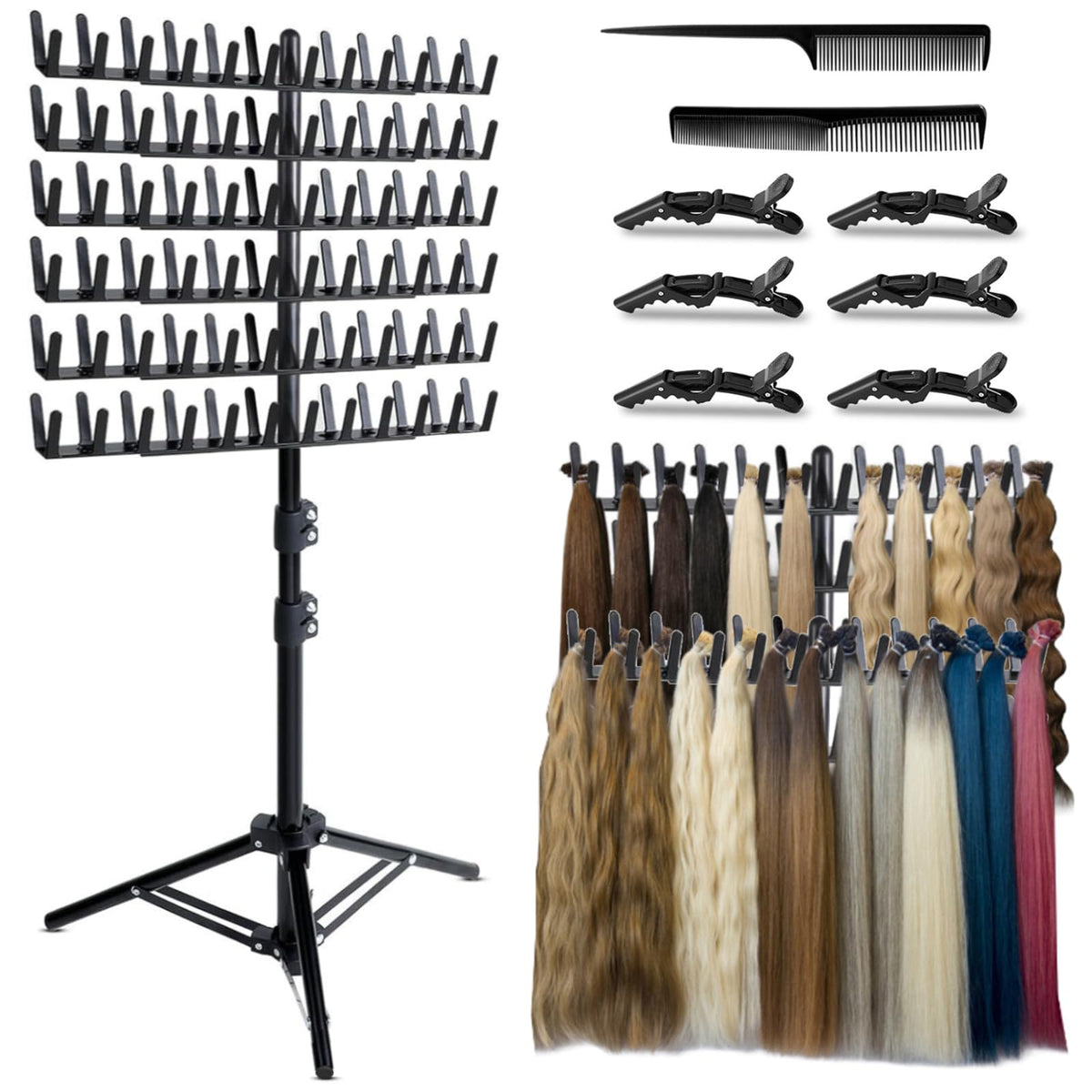 Hair Extension Holder with 144 Pegs,Height Adjustable Braiding Hair Rack,Double Sided Wig Stand Hanger,Hair Braiding Separator Tool Stand for Hair