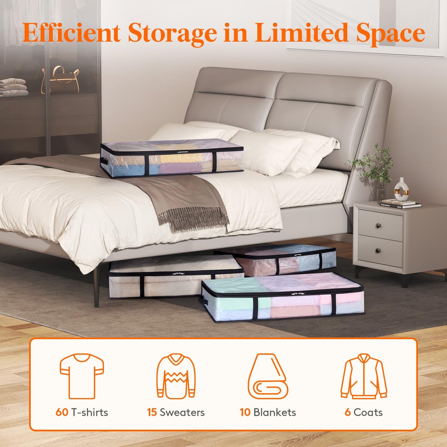 Lifewit 6 Pack Under Bed Storage, 60L Large Clear Plastic Storage Bags, Clothes Storage Boxes Wardrobe Storage Organizer with Reinforced Handle Sturdy