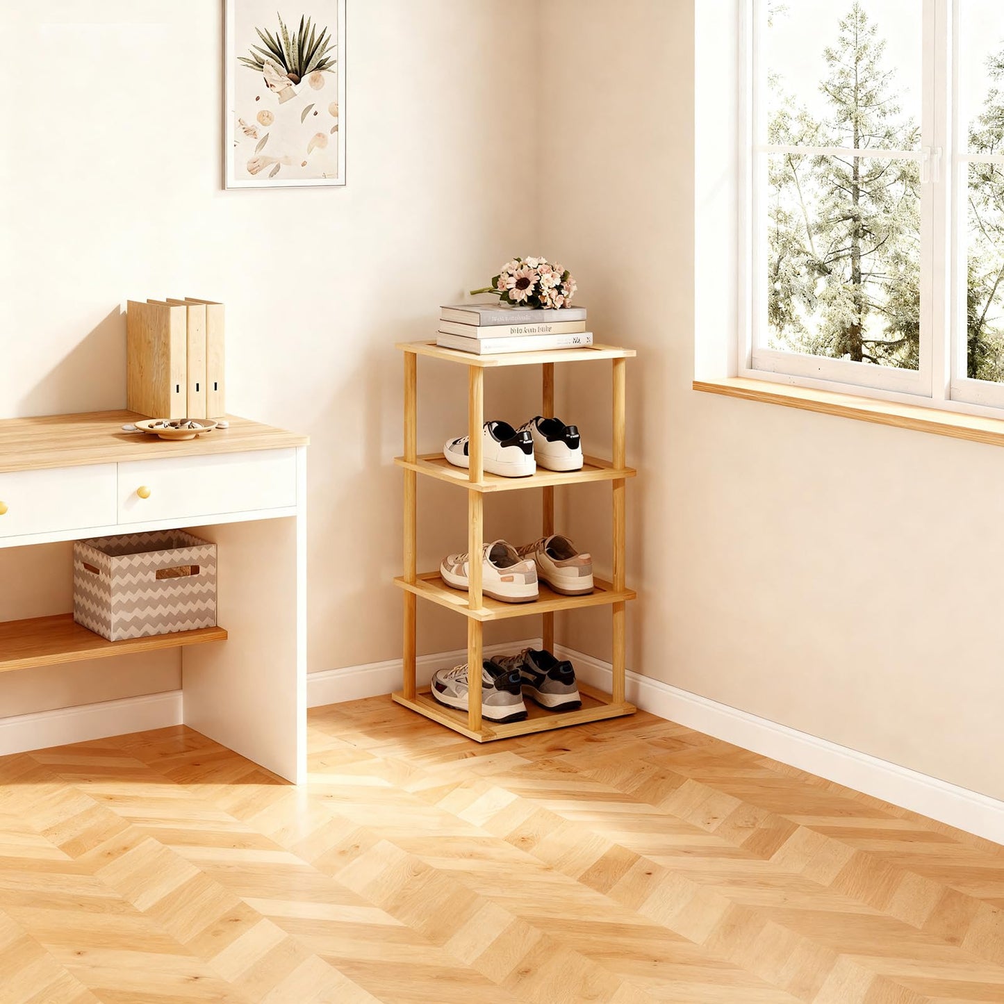 Aniston 4 Tier Small Shoe Rack Bamboo, Free Standing Slim Narrow Shoe Storage, Vertical Tall Shoe Shelf Organiser for Garage, Closet, Doorway, Corner