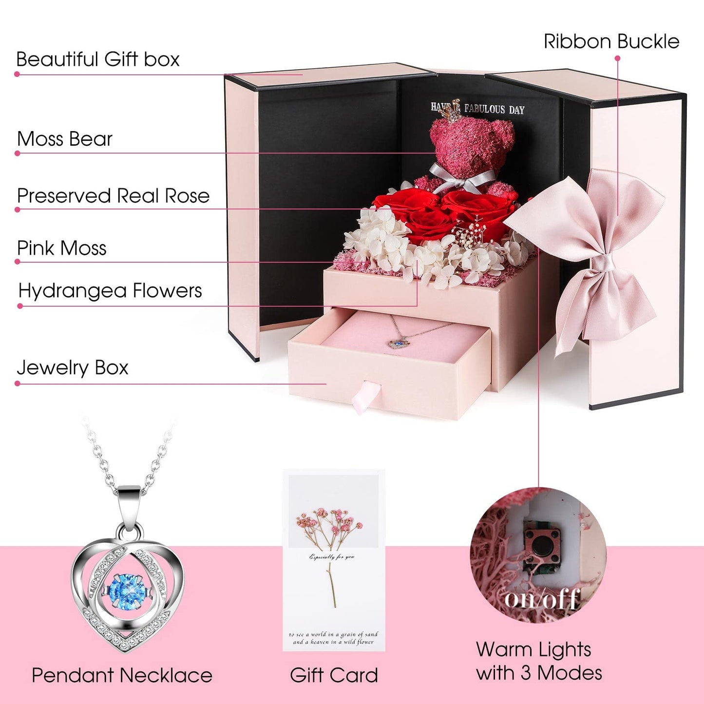 ADDWel Romantic Roses Gifts for Her, Preserved Roses Forever Flowers with Sterling Silver Necklace for Wife Girlfriend on Birthday Anniversary Mothers