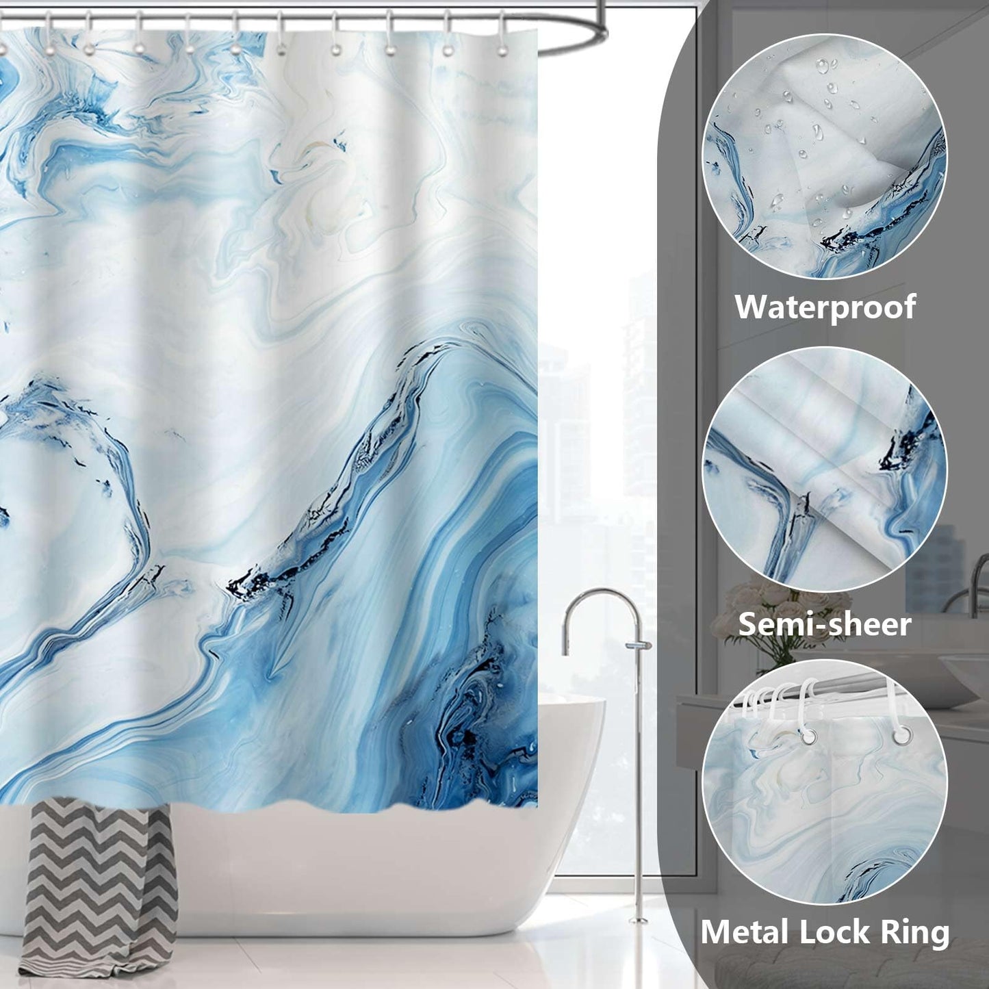 AIBIIN Marble Shower Curtain Sets 4 Piece Abstract Blue Shower Curtain Set with Non-Slip Rugs, Modern Toilet Lid Cover and Bath Mat