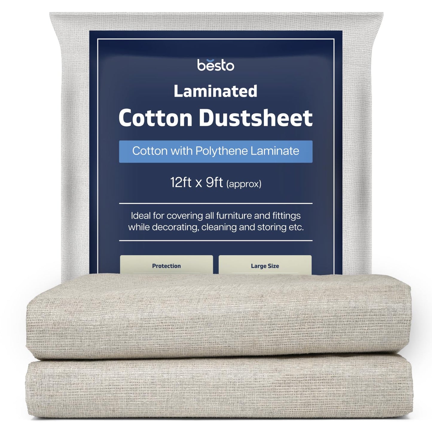 Pack of 2 Cotton Dust Sheets for Decorating, Waterproof 12ft x 9ft Dust Sheets Twill Laminated Polythene Backed Reusable Paint Sheets for Floor,