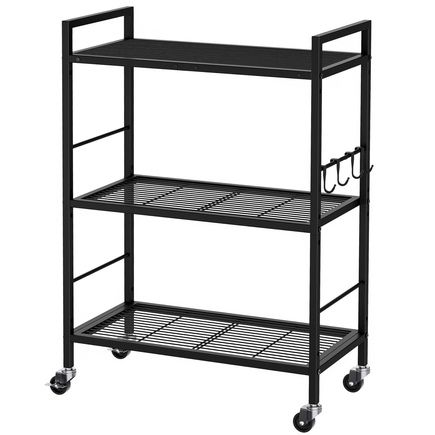 3-Tier kitchen trolley,Black Wood Top,60W×30Dcm,4 Hooks, Adjustable Shelves