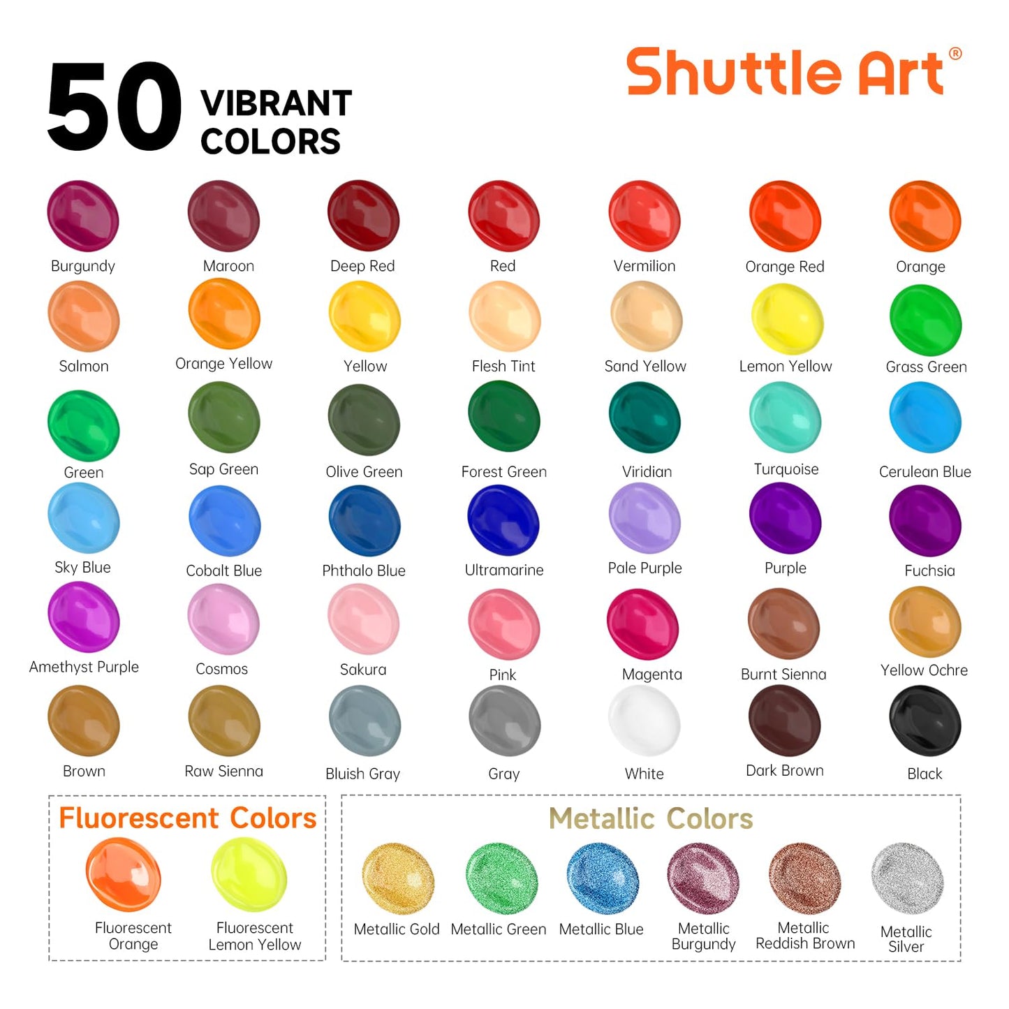 Shuttle Art Acrylic Paint, 50 Colours 2oz/60ml Acrylic Paints Set with 10 Brushes, Water-proof, Premium Acrylic Paints for Artists, Beginners and Kids
