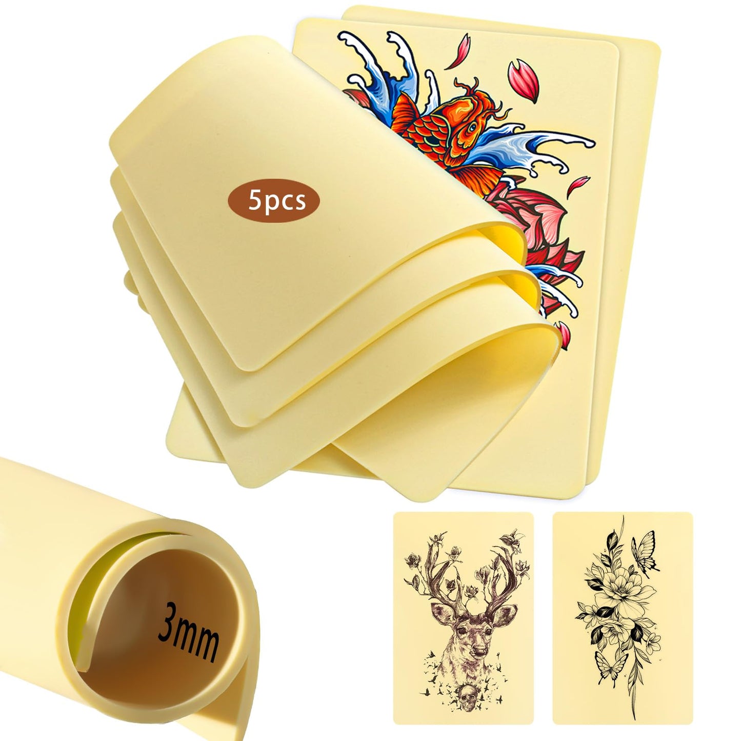 Worldget Tattoo Practice Skin 5 Pcs Fake Skin 3mm Silicone 8 * 12in Large Tattoo Pad Tattooing Sheet Double Side for Beginners Artists