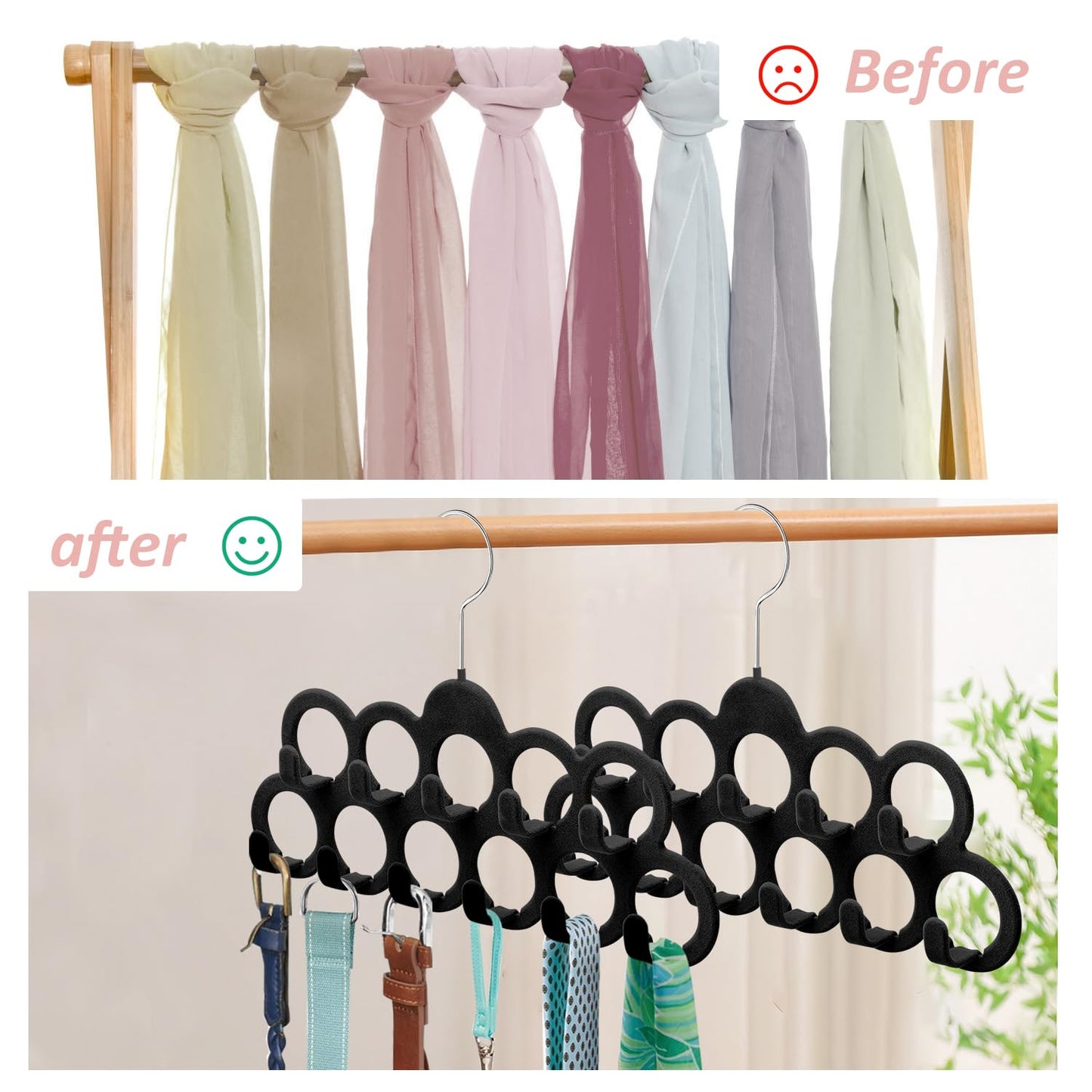 ManGotree Velvet Scarf Storage Hangers with 11 Loops and Hooks 2 Pack Black