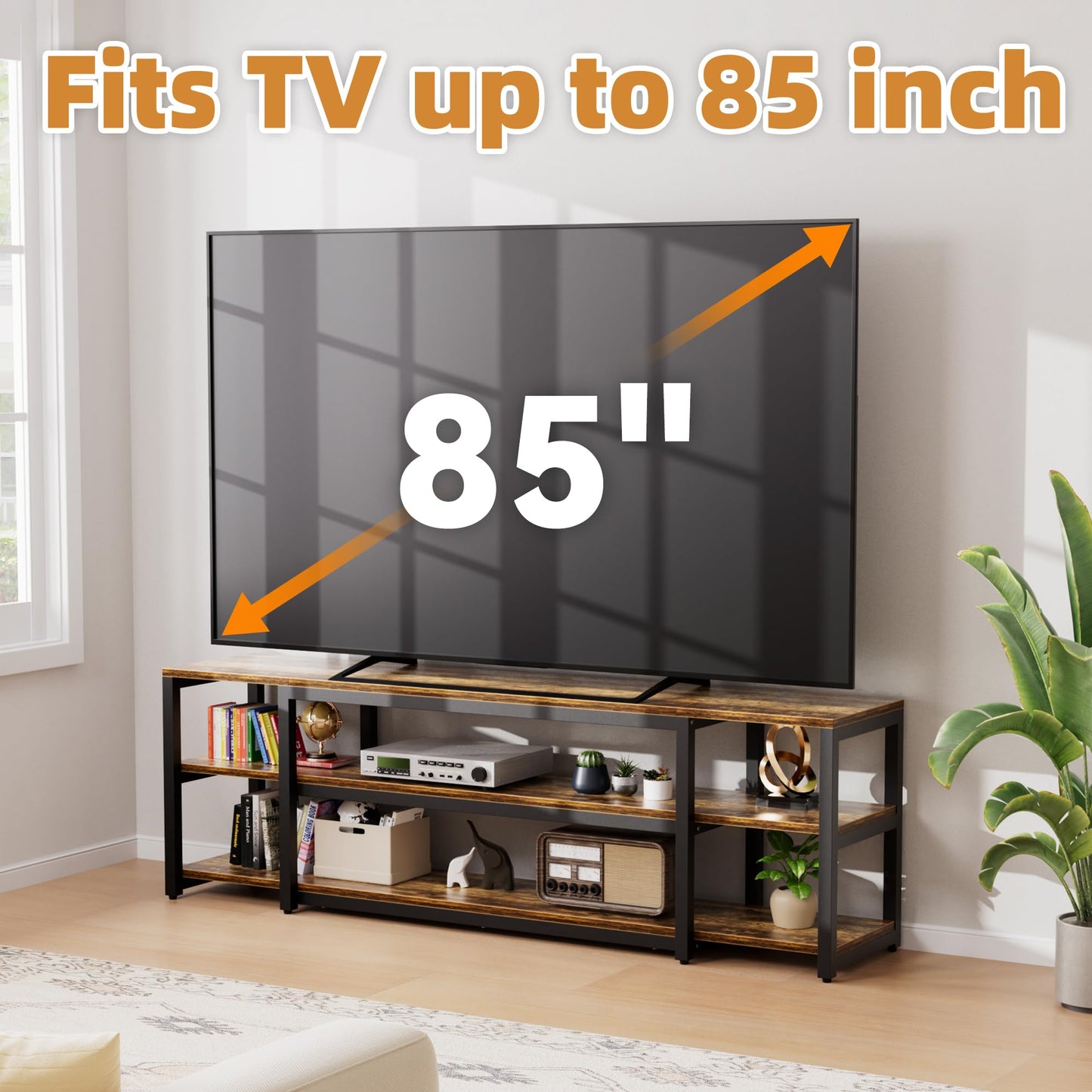 Aquzee 85 Inch TV Stand, 191 cm Long TV Unit, 40D x 191W x 58H cm, 3-Tier Large TV Cabinet with Open Storage Shelves