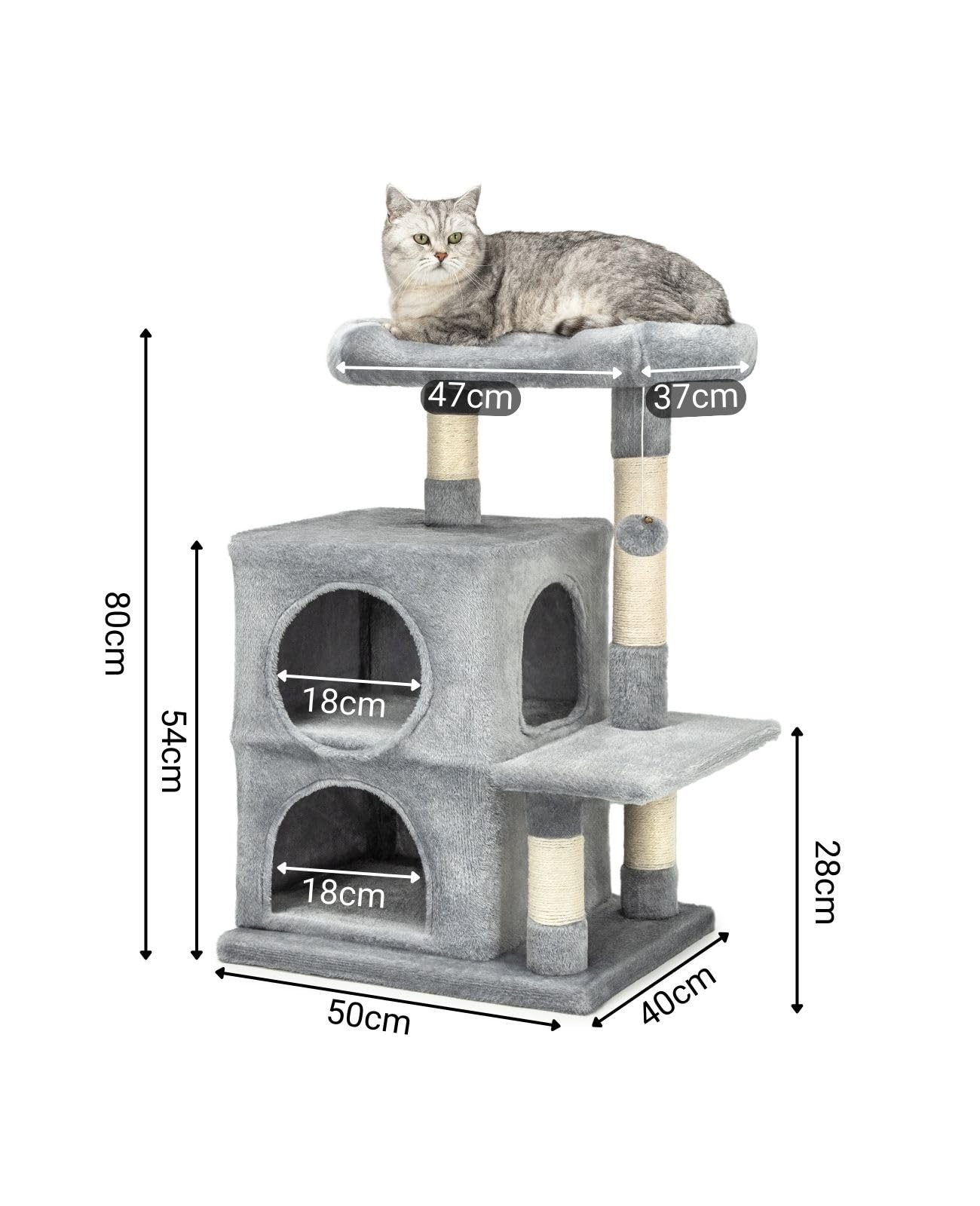 lionto Scratching tree for cats with 2 caves & cozy lying area, height 80 cm, cat tree with plush ball incl. bell, with sisal rope & plush, suitable