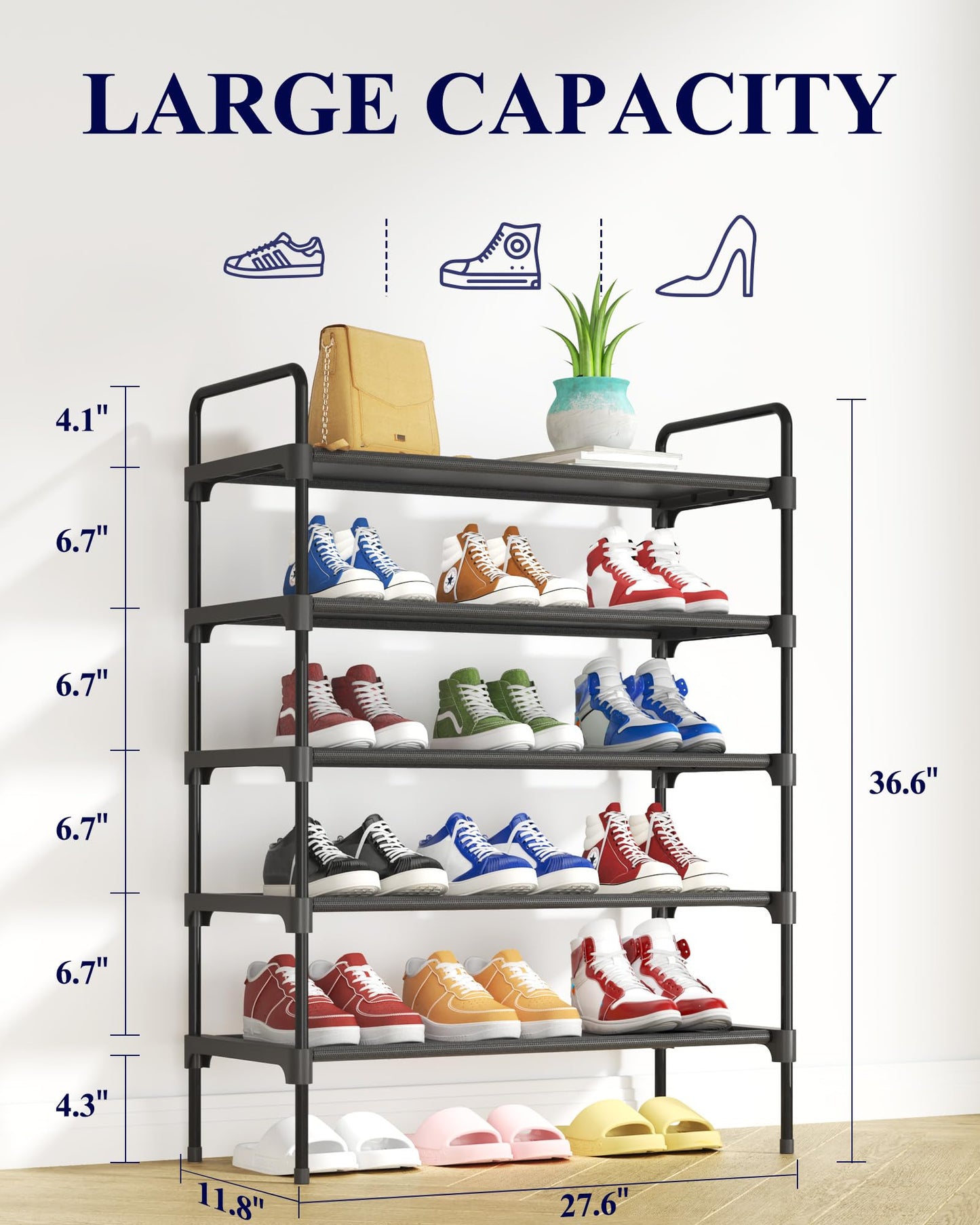 Kitsure Space-Saving Shoe Rack for Closet, 70.0 cm Wide - 5 Tiers, Black